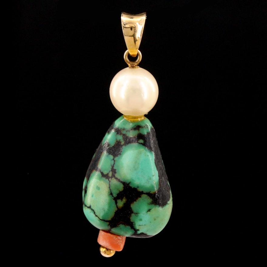 14K Yellow Gold Cultured Pearl and Turquoise Pendant