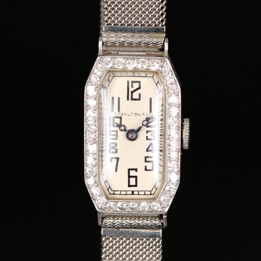 Glycine for Charlton & Co. Platinum and Diamond Wristwatch with 14K Bracelet