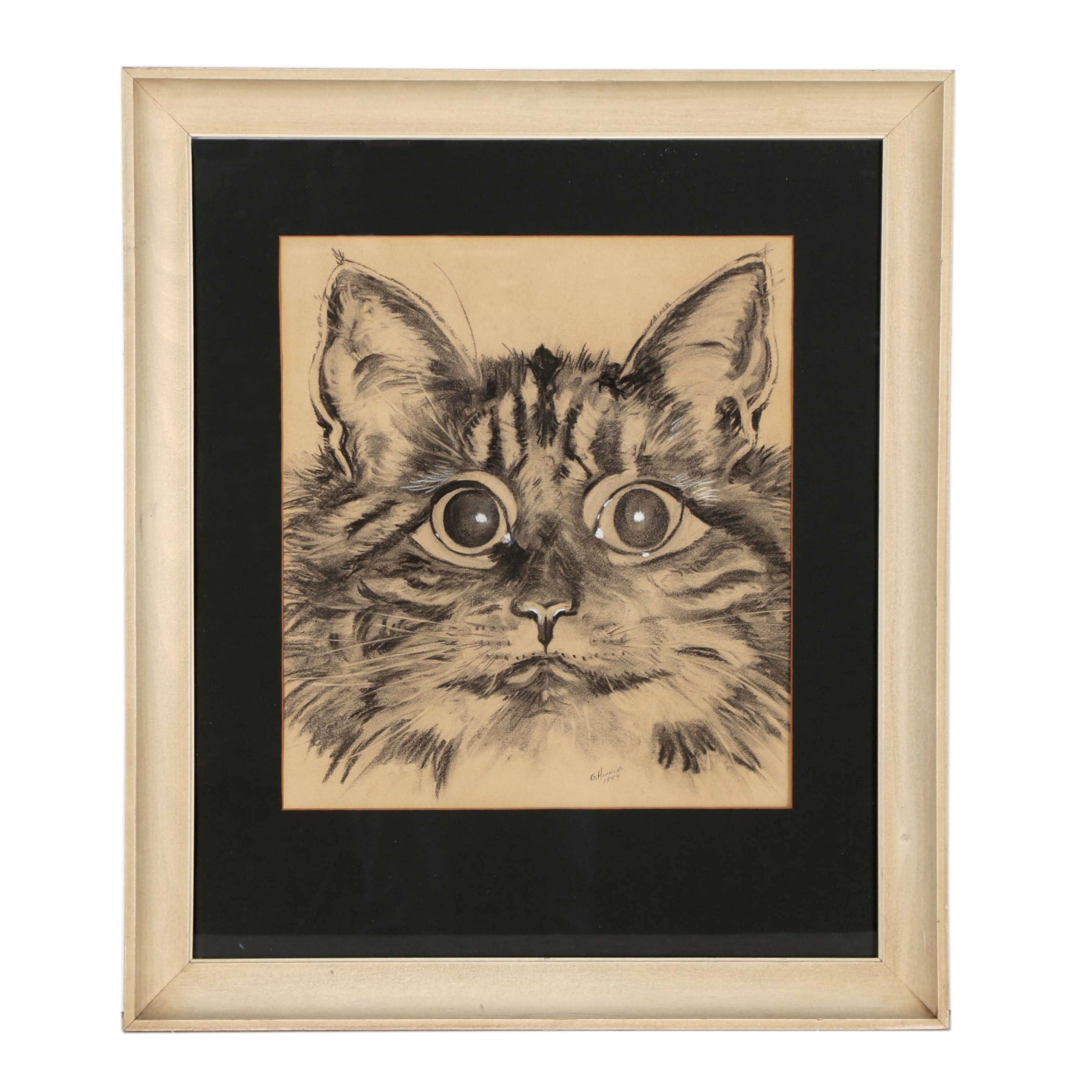 Charcoal Portrait Drawing of Cat, Mid 20th Century