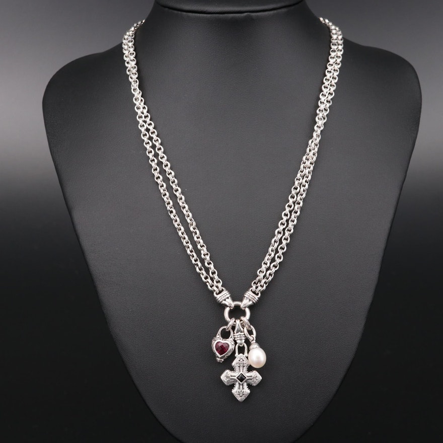 Scott Kay Sterling Silver Rhodolite Garnet, Pearl and Black Onyx Necklace