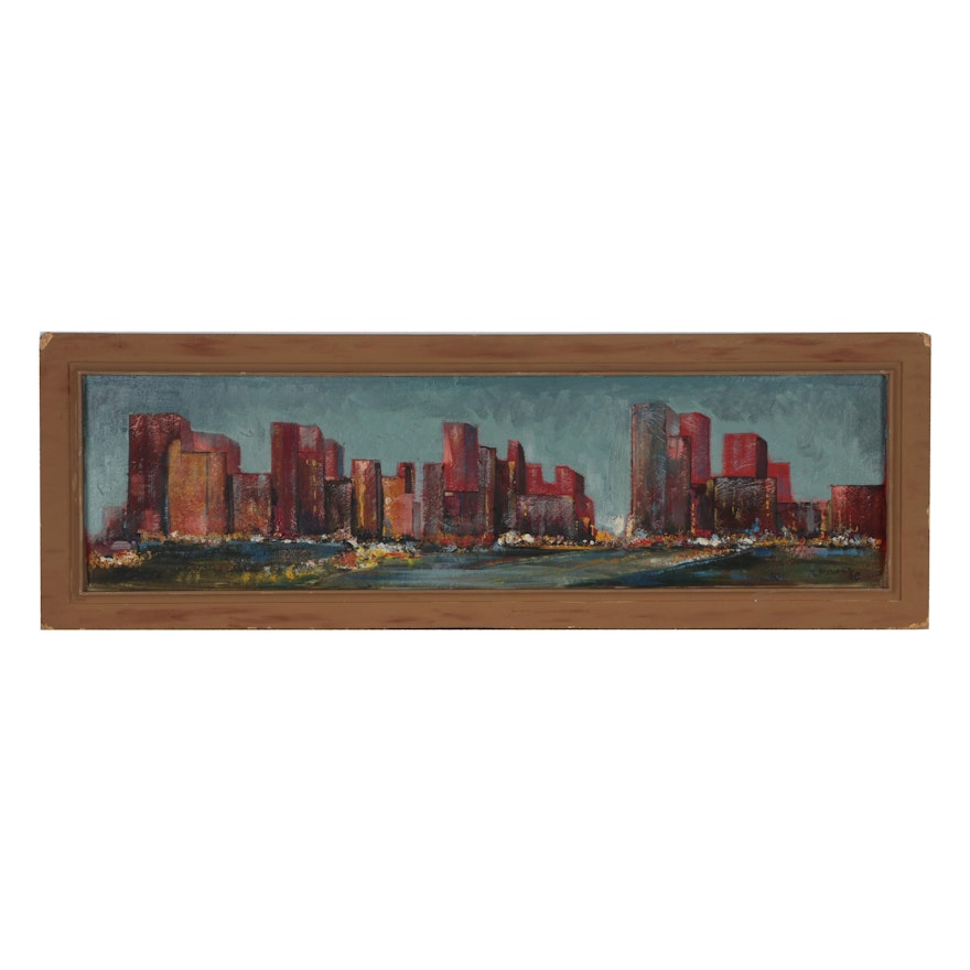 Abstract Cityscape Oil Painting, Mid 20th Century