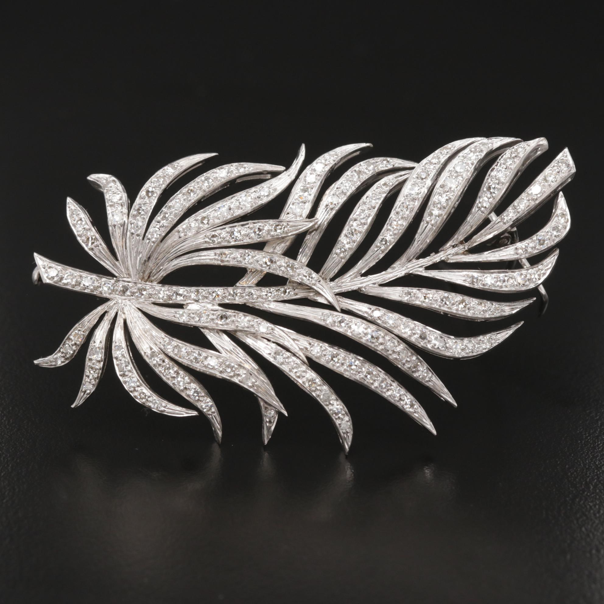 Vintage Platinum 2.34 CTW Diamond Feather Brooch