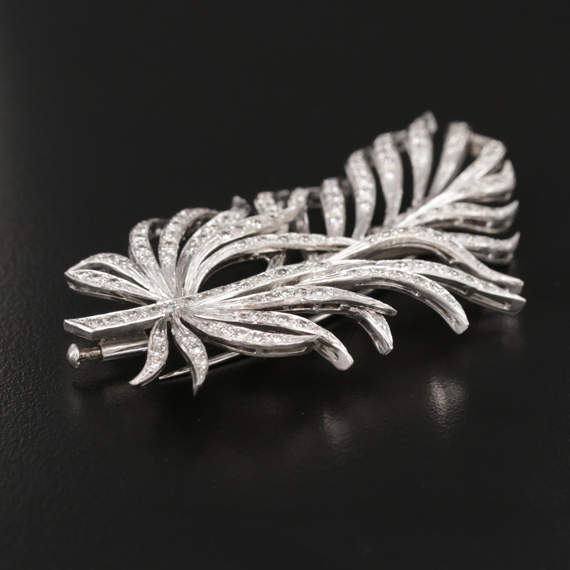 Vintage Platinum 2.34 CTW Diamond Feather Brooch