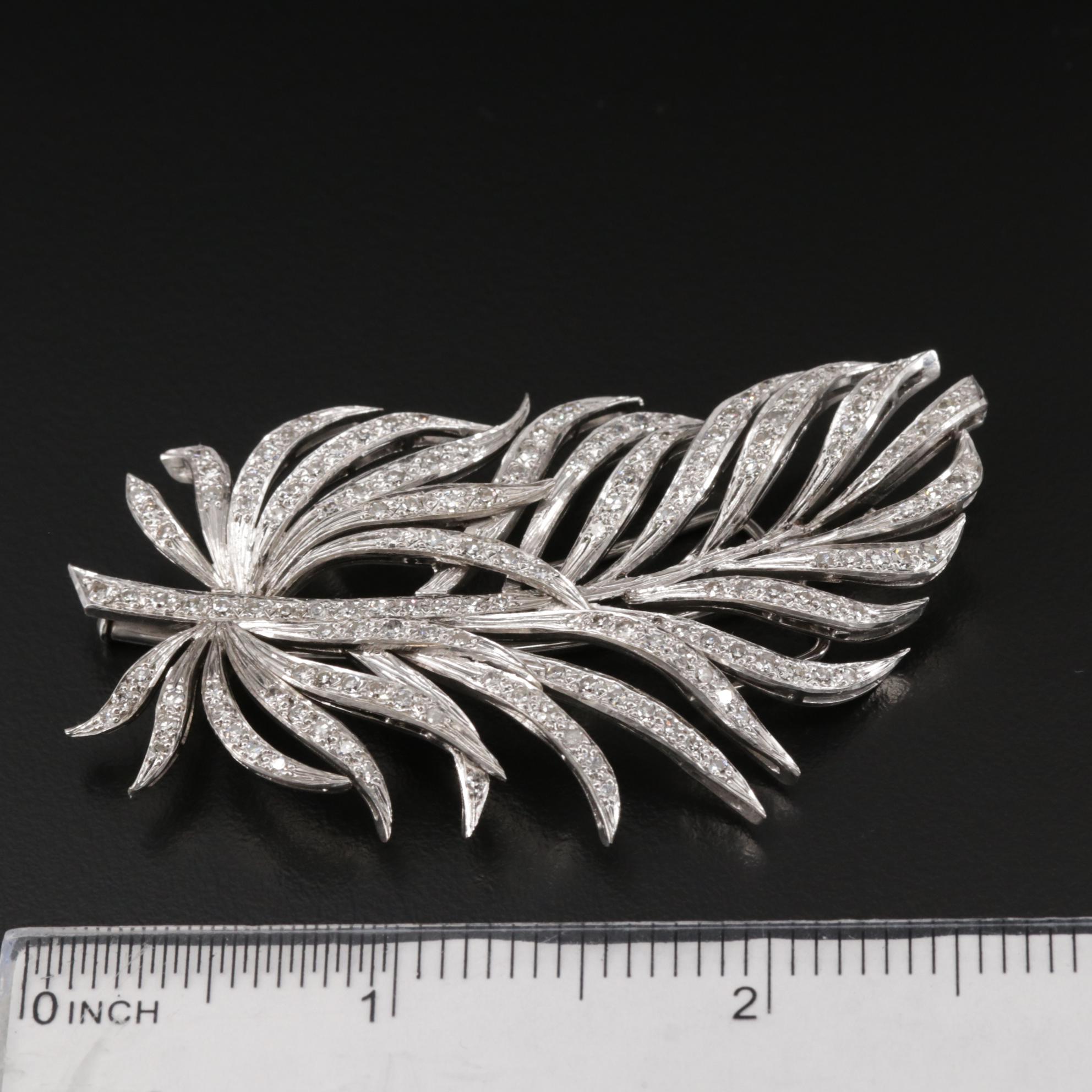 Vintage Platinum 2.34 CTW Diamond Feather Brooch