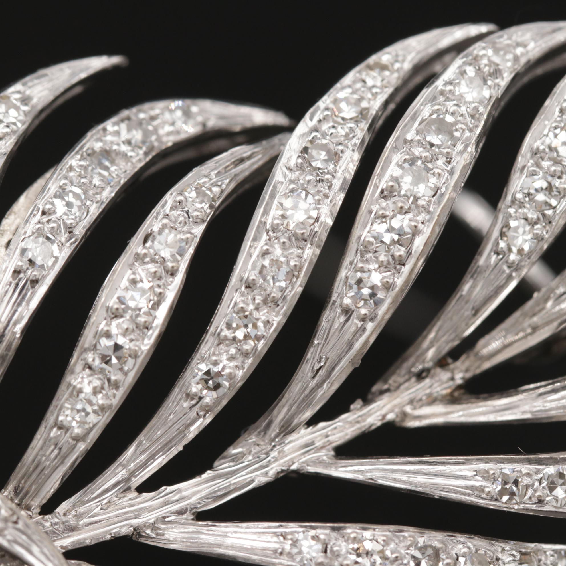 Vintage Platinum 2.34 CTW Diamond Feather Brooch