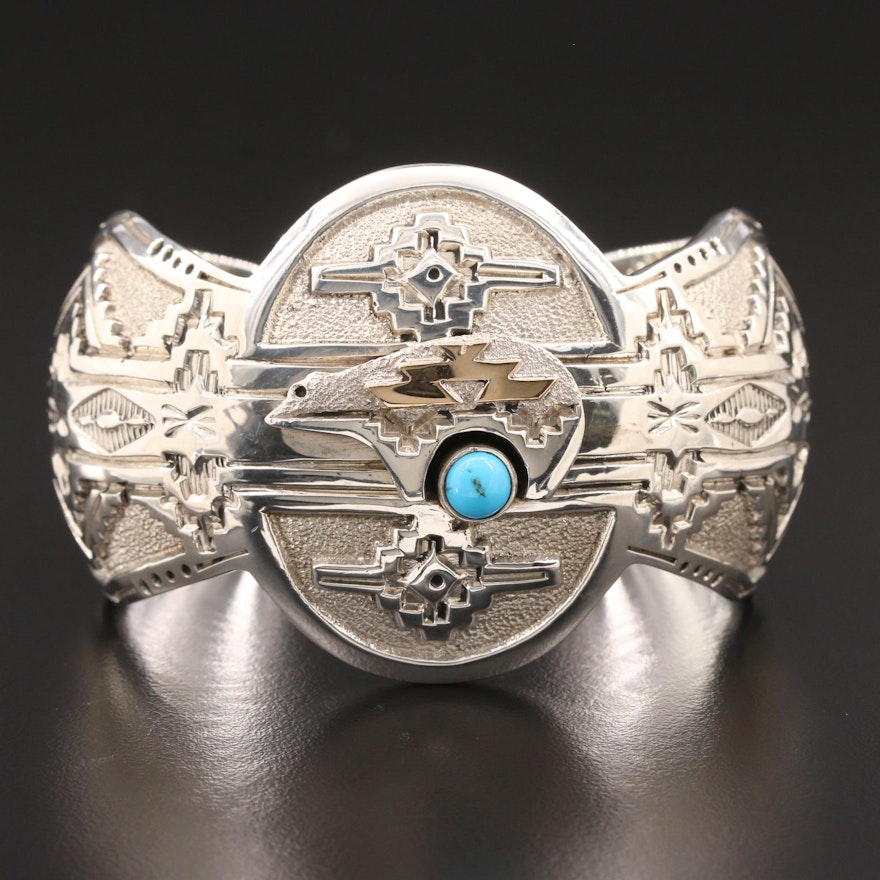 Jefferson Brown Navajo Diné Sterling Turquoise Cuff Bracelet with 14K Accent