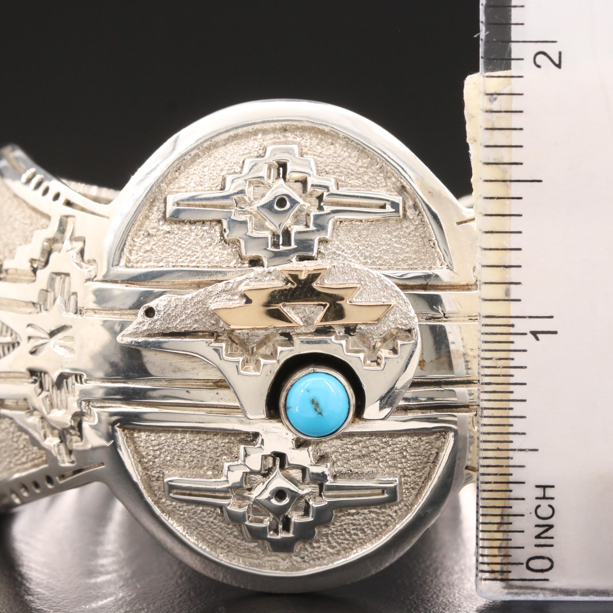 Jefferson Brown Navajo Diné Sterling Turquoise Cuff Bracelet with 14K Accent