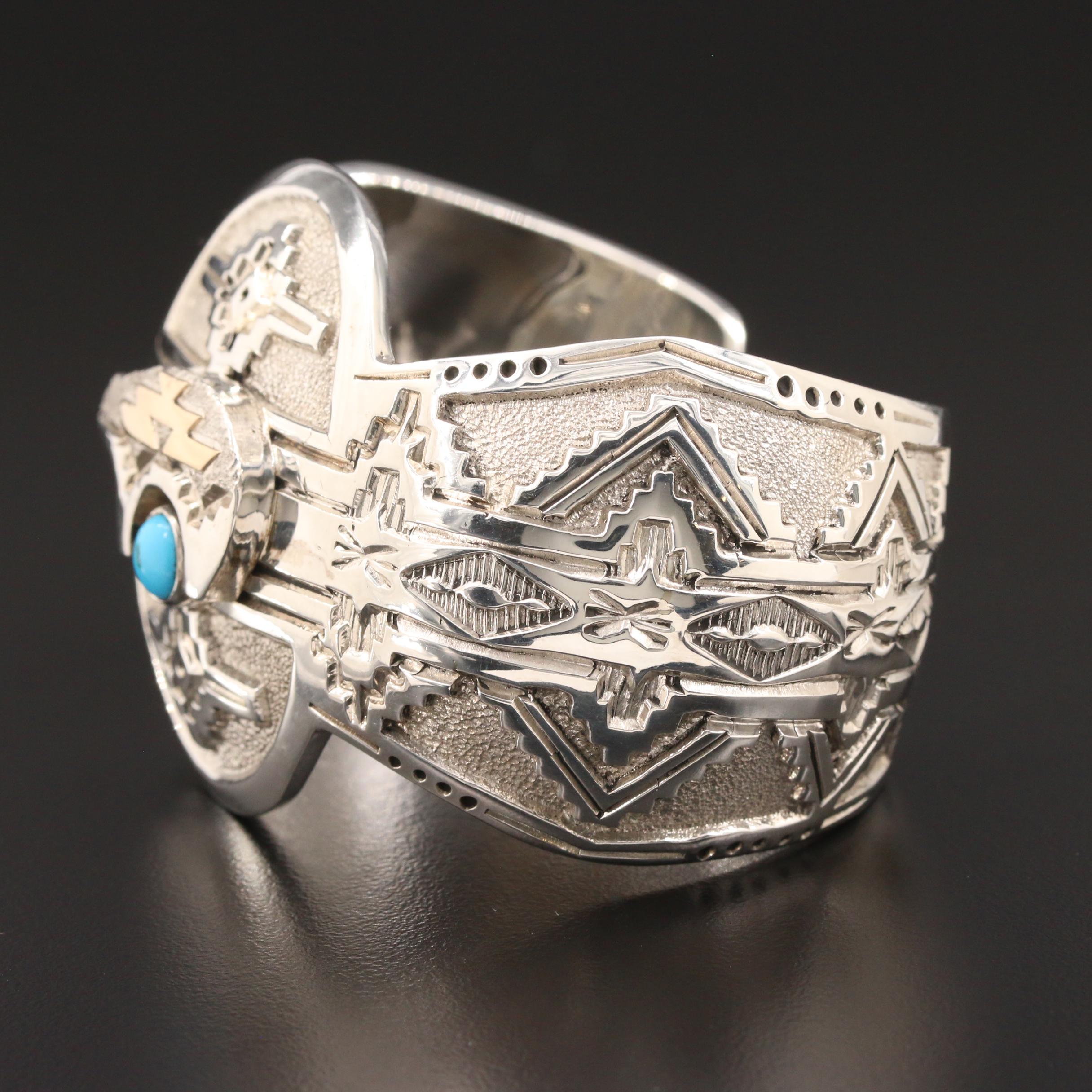 Jefferson Brown Navajo Diné Sterling Turquoise Cuff Bracelet with 14K Accent