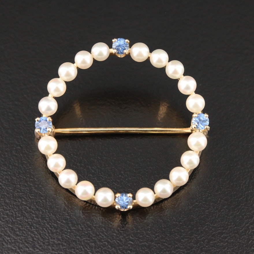 Vintage 14K Yellow Gold Pearl and Sapphire Halo Brooch