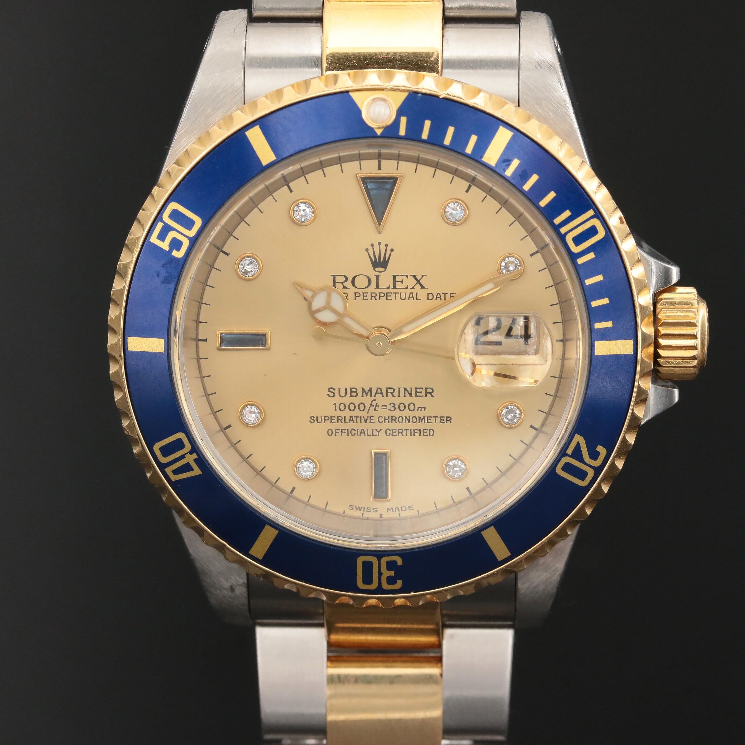 Rolex 18K Submariner Sapphire and Diamond Watch with Serti Dial, 1999