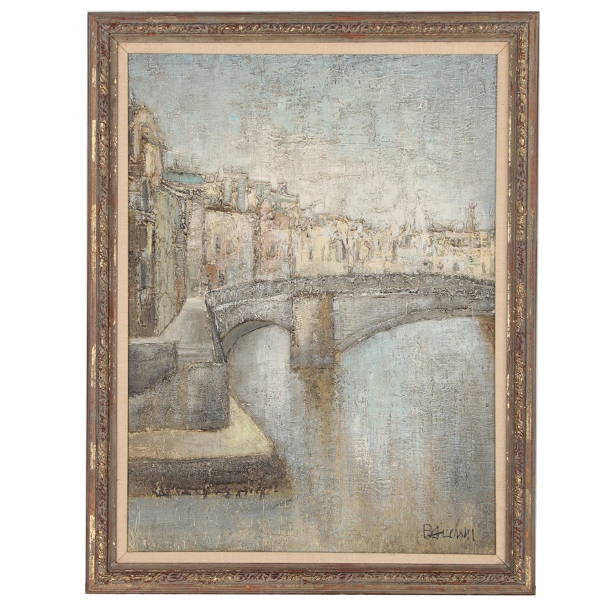 French Canal Scene Impasto Oil Painting, Mid 20th Century