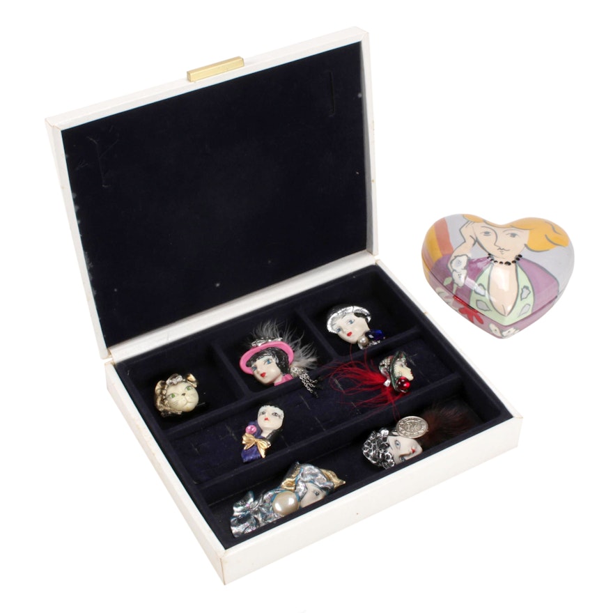 Jewelry Boxes and Signed Embellished Lady Brooches