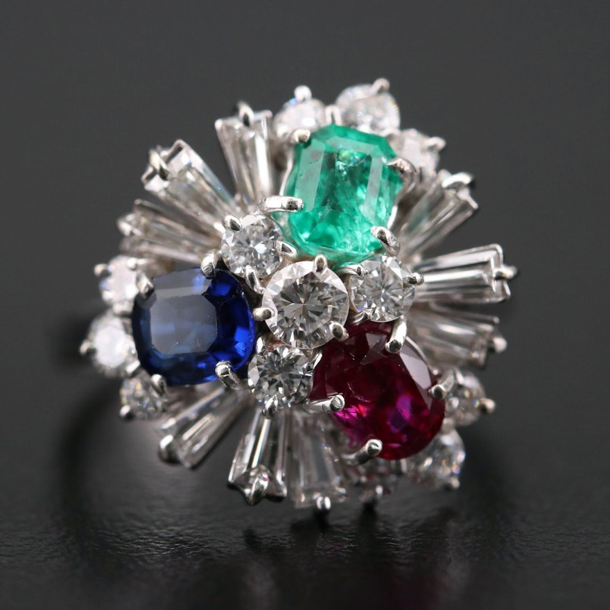 18K White Gold 1.12 CTW Diamond, Ruby, Emerald and Sapphire Ring