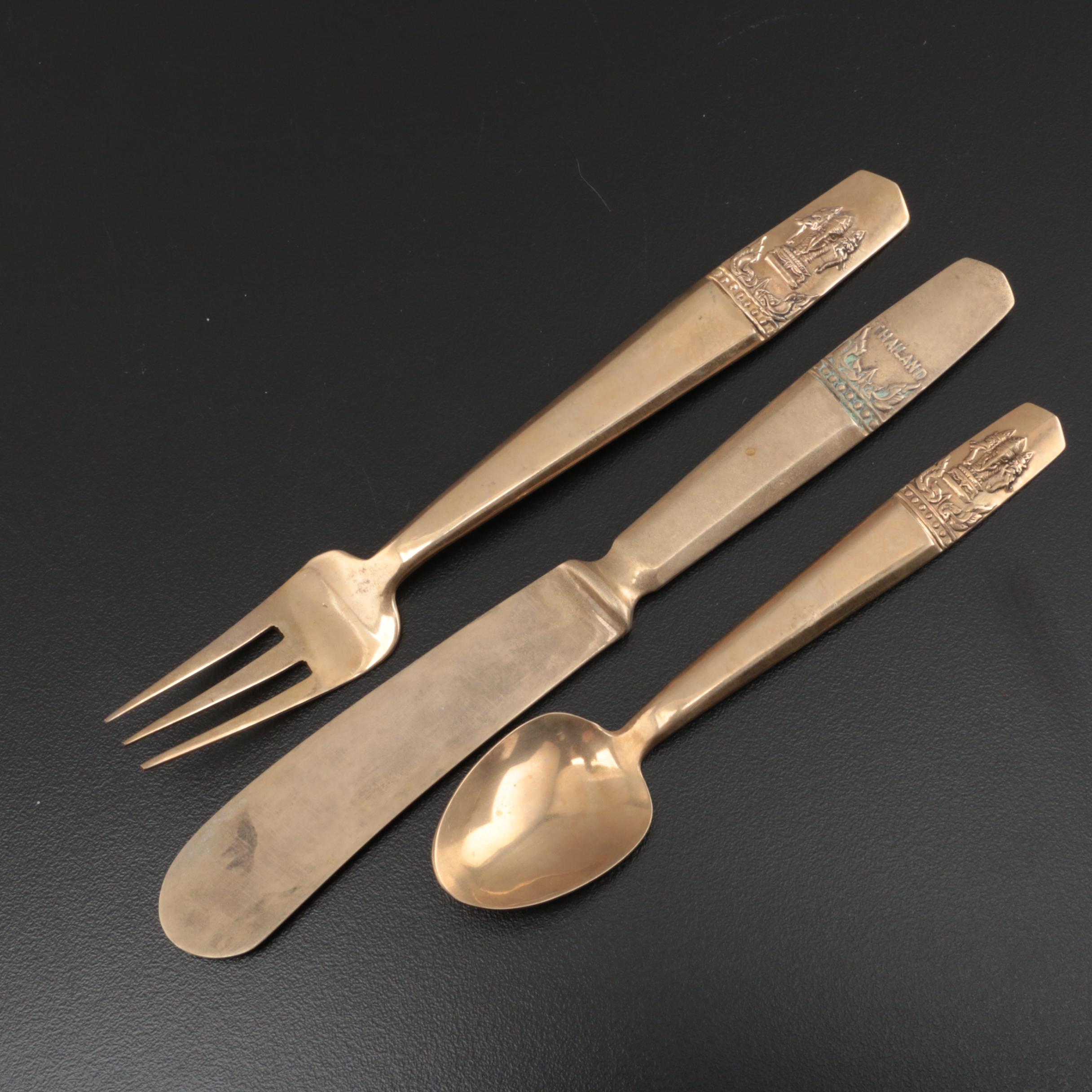 Thai Elephant Design Brass Flatware Set, Eight Place Settings, 116 Pieces