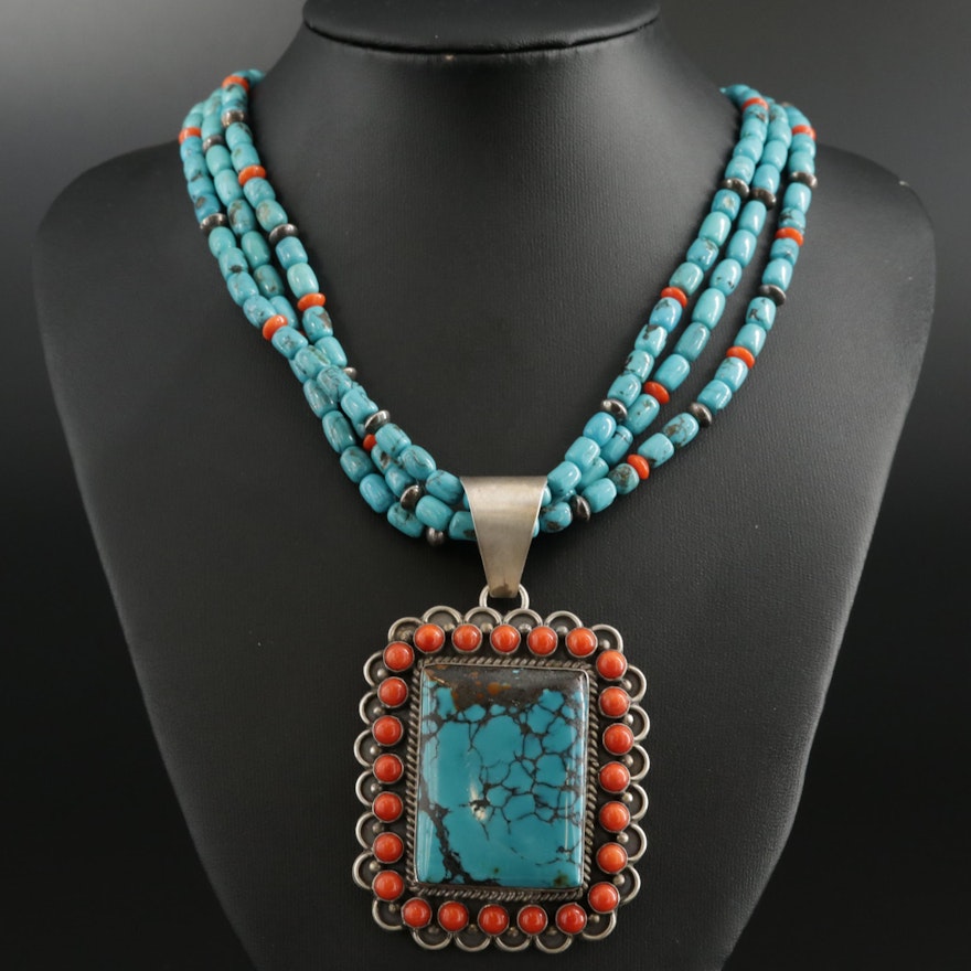 T. Spencer Navajo Diné Sterling Turquoise and Coral Pendant On Beaded Necklace