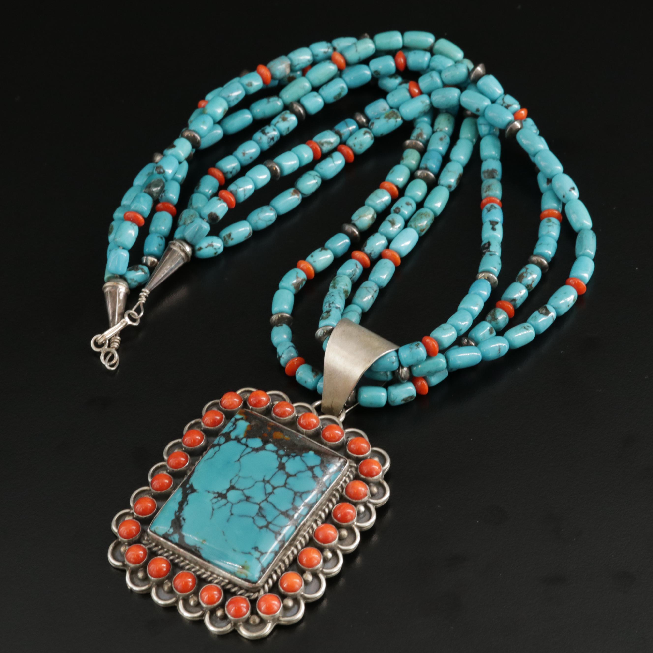 T. Spencer Navajo Diné Sterling Turquoise and Coral Pendant On Beaded Necklace