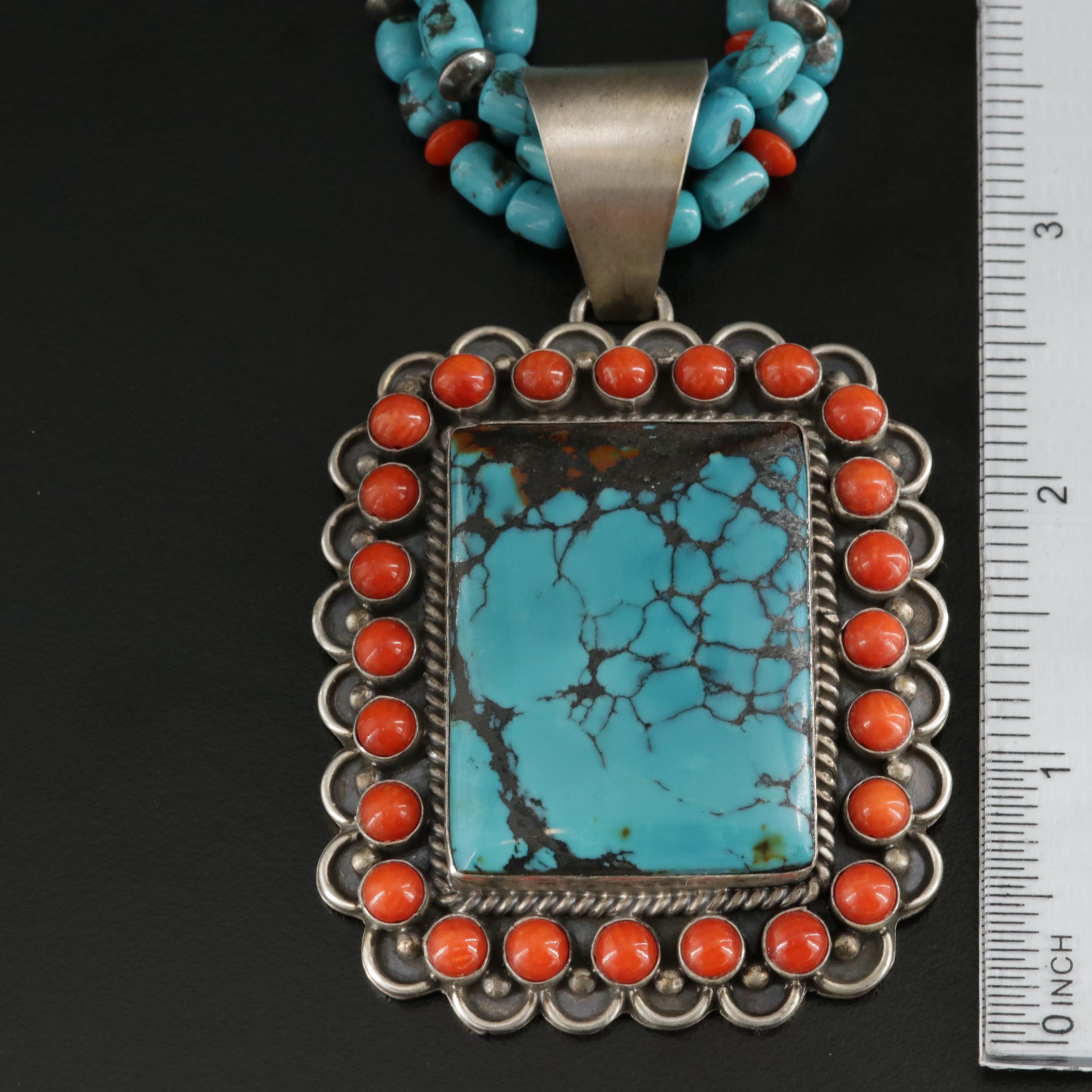 T. Spencer Navajo Diné Sterling Turquoise and Coral Pendant On Beaded Necklace