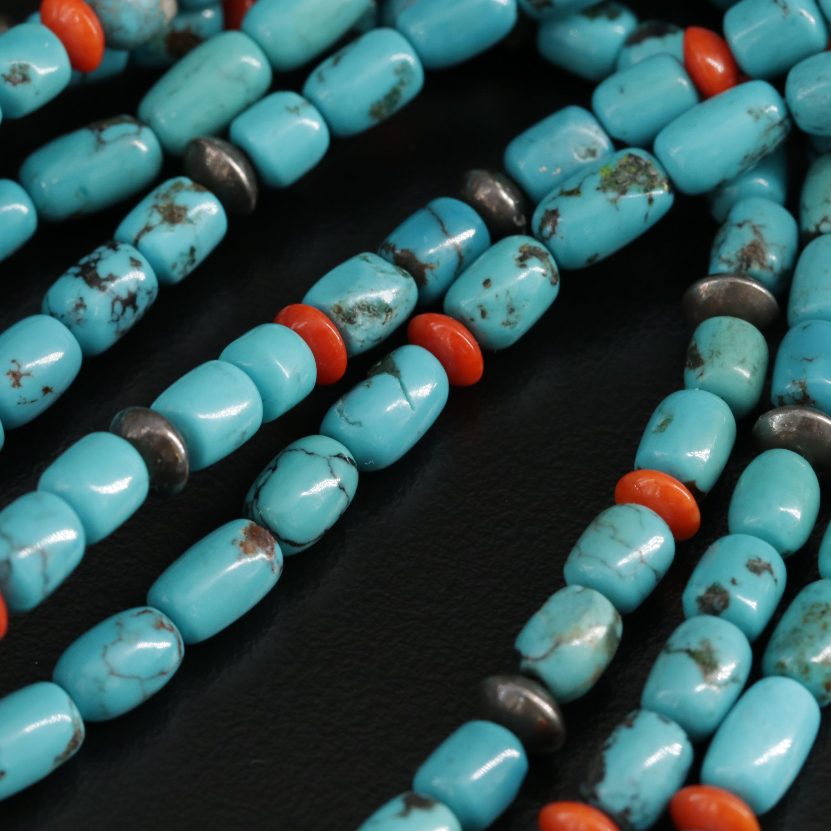 T. Spencer Navajo Diné Sterling Turquoise and Coral Pendant On Beaded Necklace