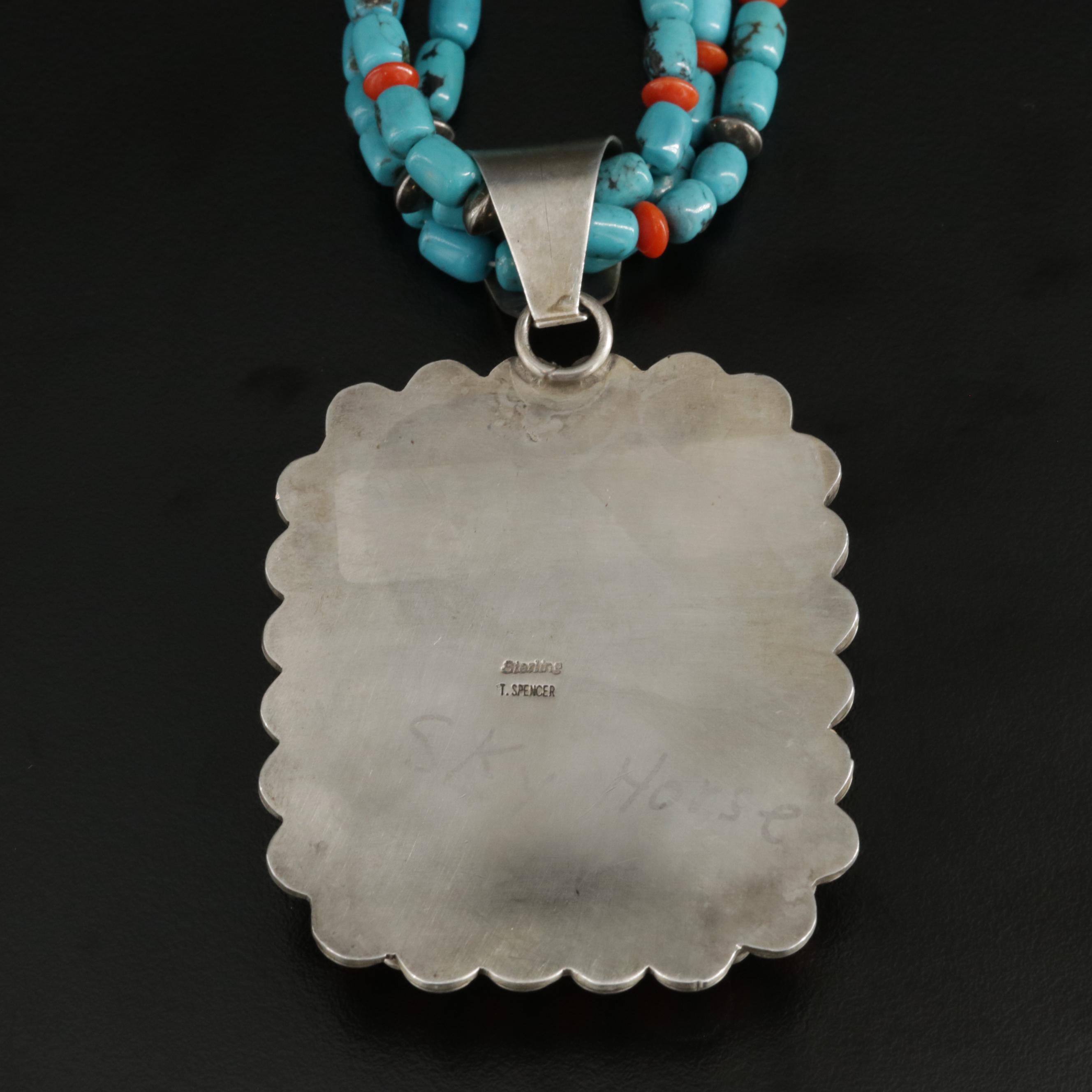 T. Spencer Navajo Diné Sterling Turquoise and Coral Pendant On Beaded Necklace