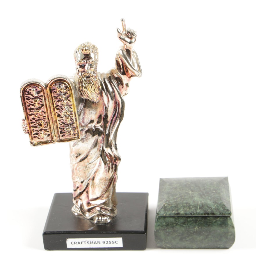 Silver Plate Moses with Decalogue on Wooden Base and Polished Stone Trinket Box