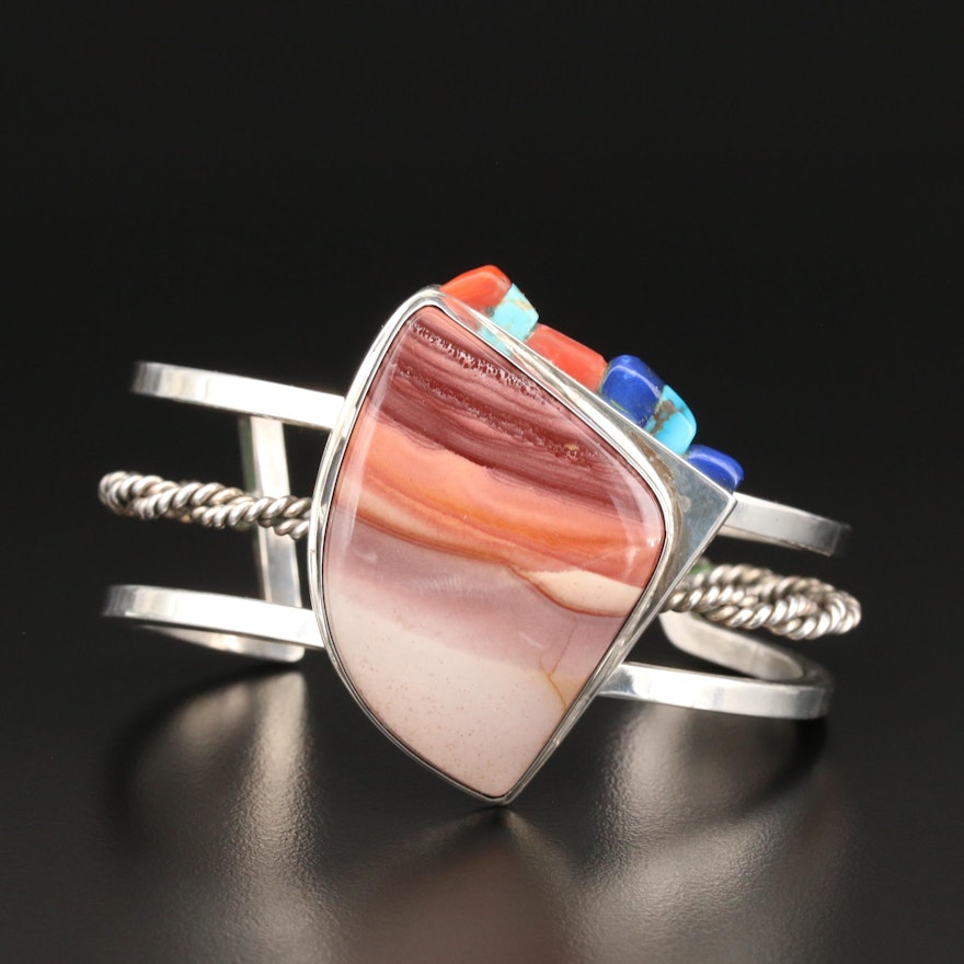 Southwestern Sterling Silver Jasper, Coral, Lapis Lazuli and Turquoise Cuff