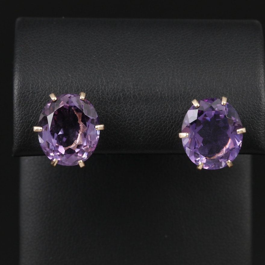 14K Yellow Gold Oval Faceted Amethyst Stud Earrings