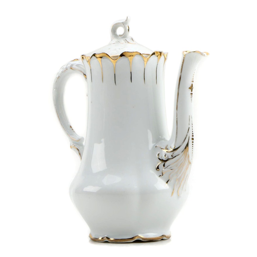 Gilt Accented White Porcelain Coffee Pot, Early to Mid 20th Century