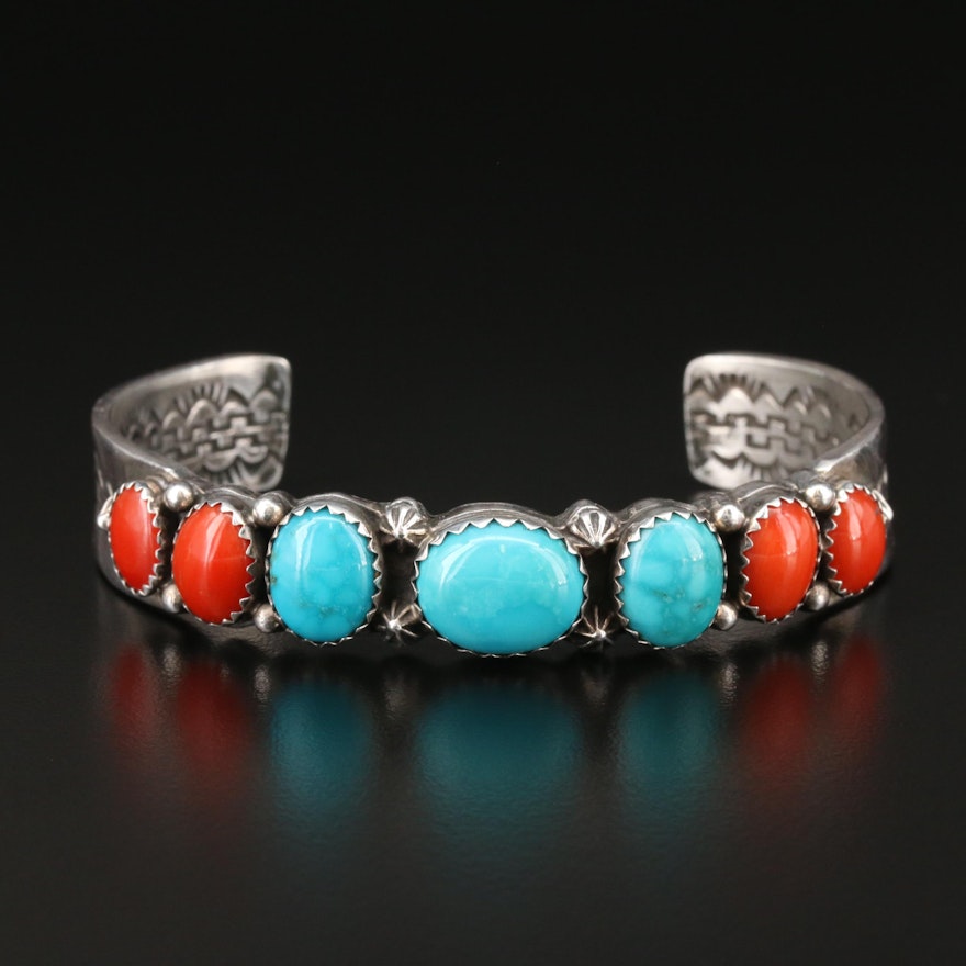 Roie Jaque Navajo Sterling Silver Turquoise and Coral Cuff Bracelet