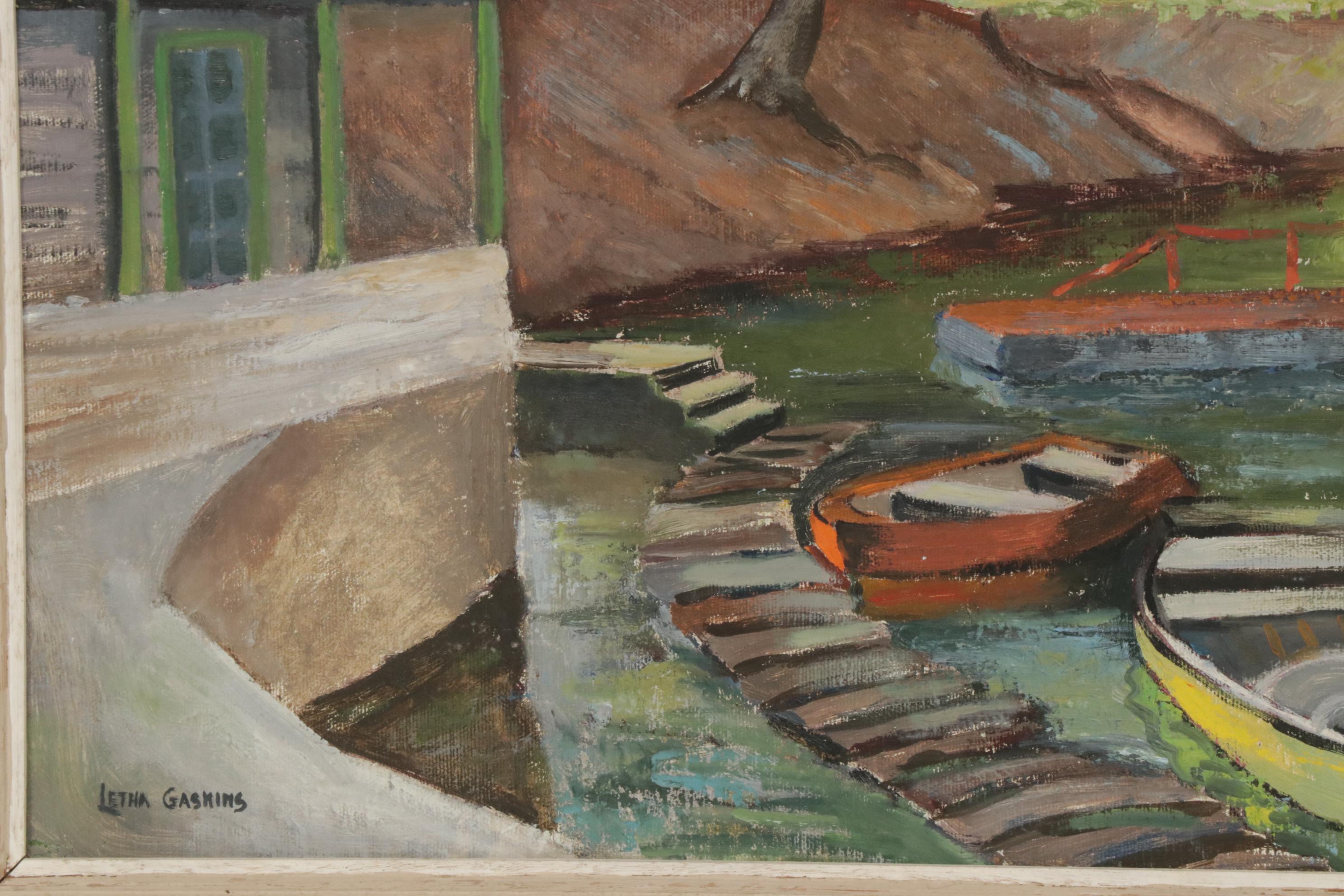 Letha Gaskins Dock Landscape Oil Painting, Mid-20th Century