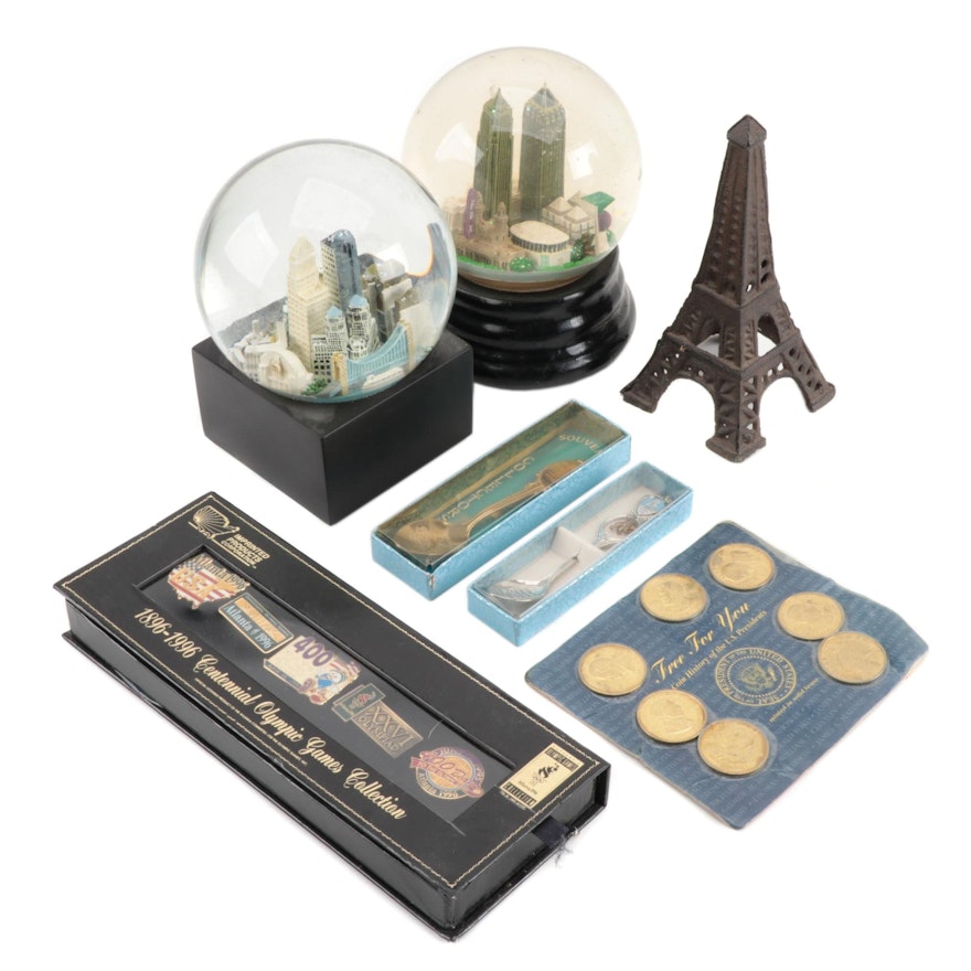 Souvenir Snow Globes, Spoons, Olympic Game Pins, Solid Brass Coins, and More