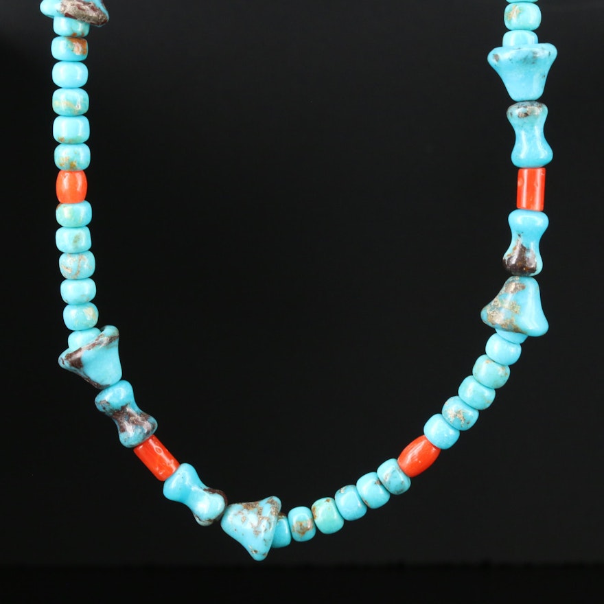 Southwestern Sterling Turquoise, Coral, Black Onyx and Cultured Pearl Necklace