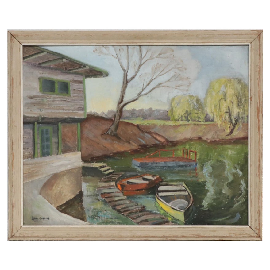 Letha Gaskins Dock Landscape Oil Painting, Mid-20th Century