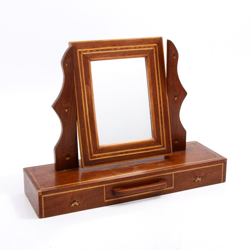 Handcrafted Inlaid Wood Tabletop Vanity Mirror, 20th Century