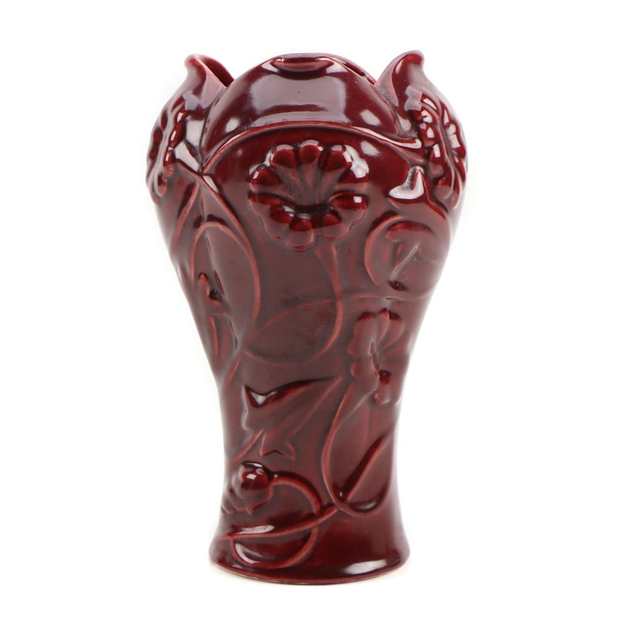 Camark Pottery Sang de Boeuf Glazed Ceramic Floral Motif Vase