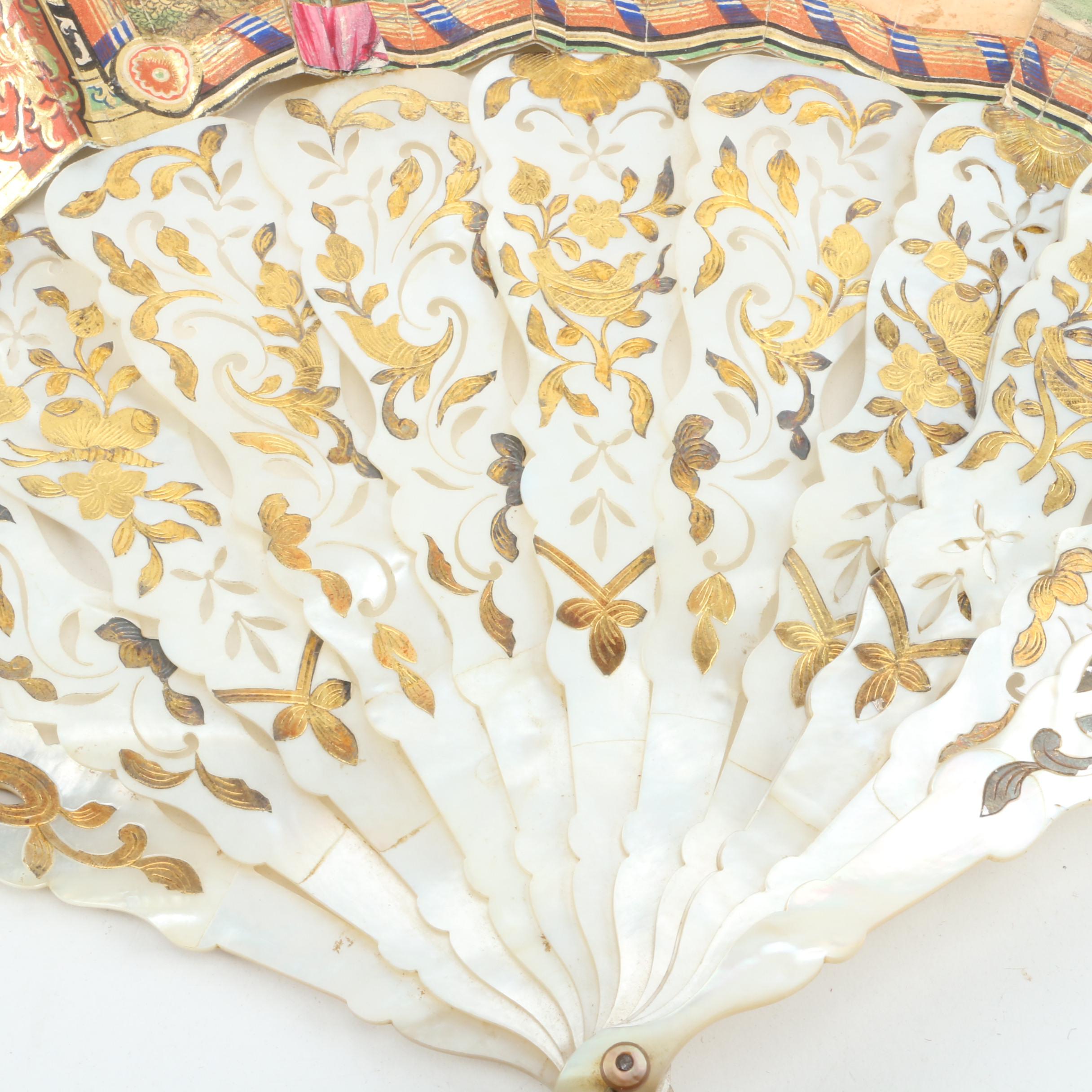 Antique Mother of Pearl and Gold Leaf Folding Fan and Félix Alexandre Fan Case