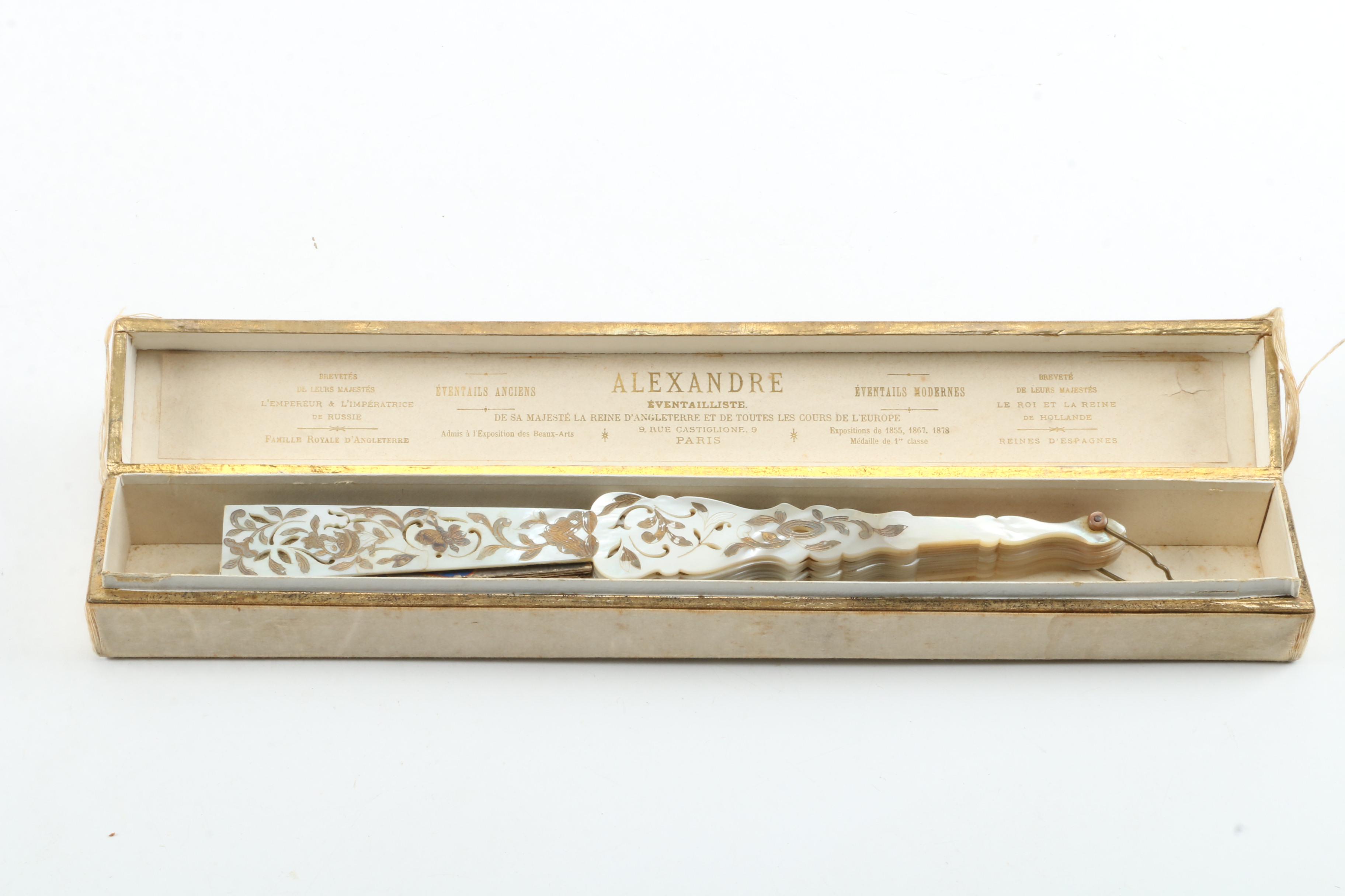 Antique Mother of Pearl and Gold Leaf Folding Fan and Félix Alexandre Fan Case