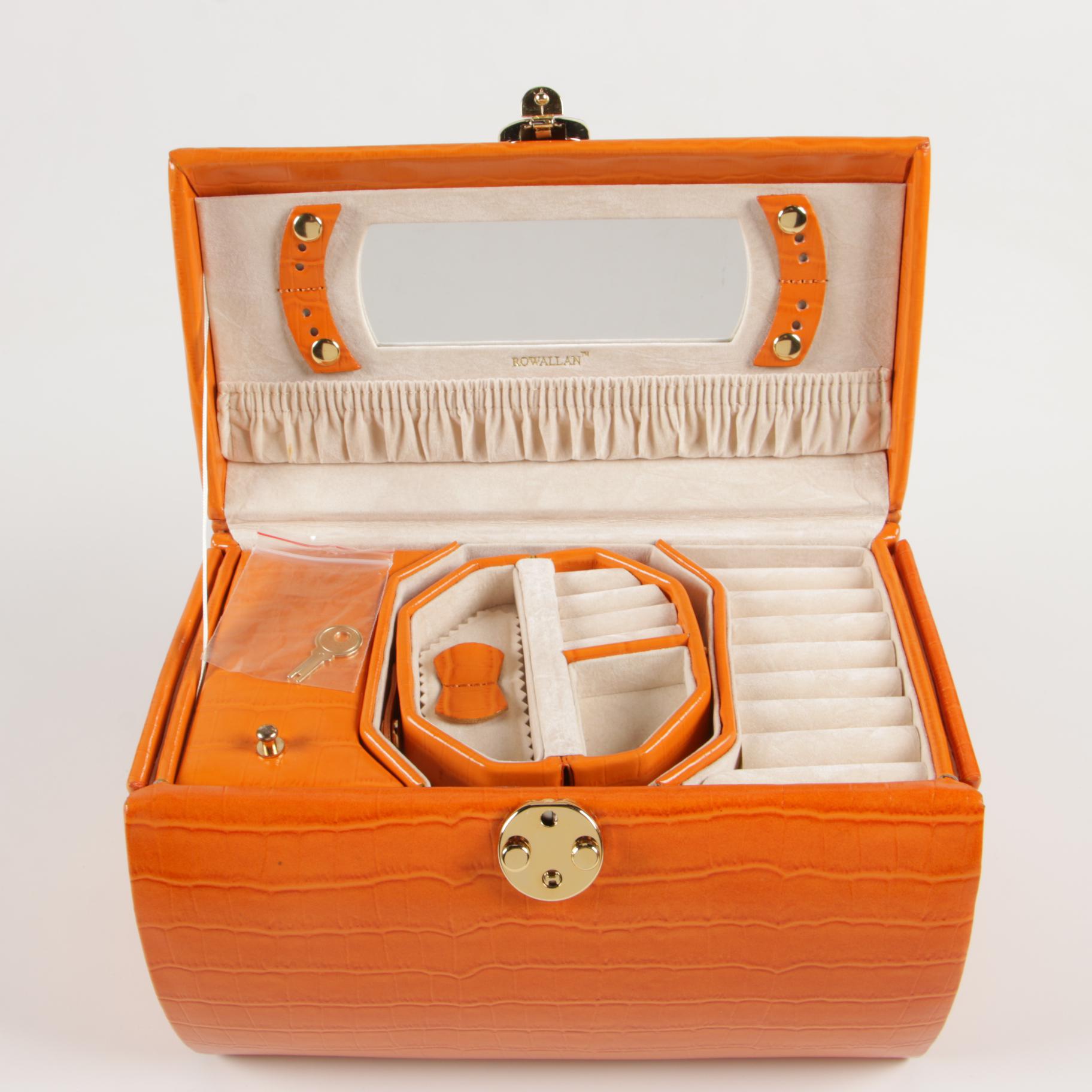 Rowallan Travel Jewelry Case in Croc-Embossed Orange Leather with Box