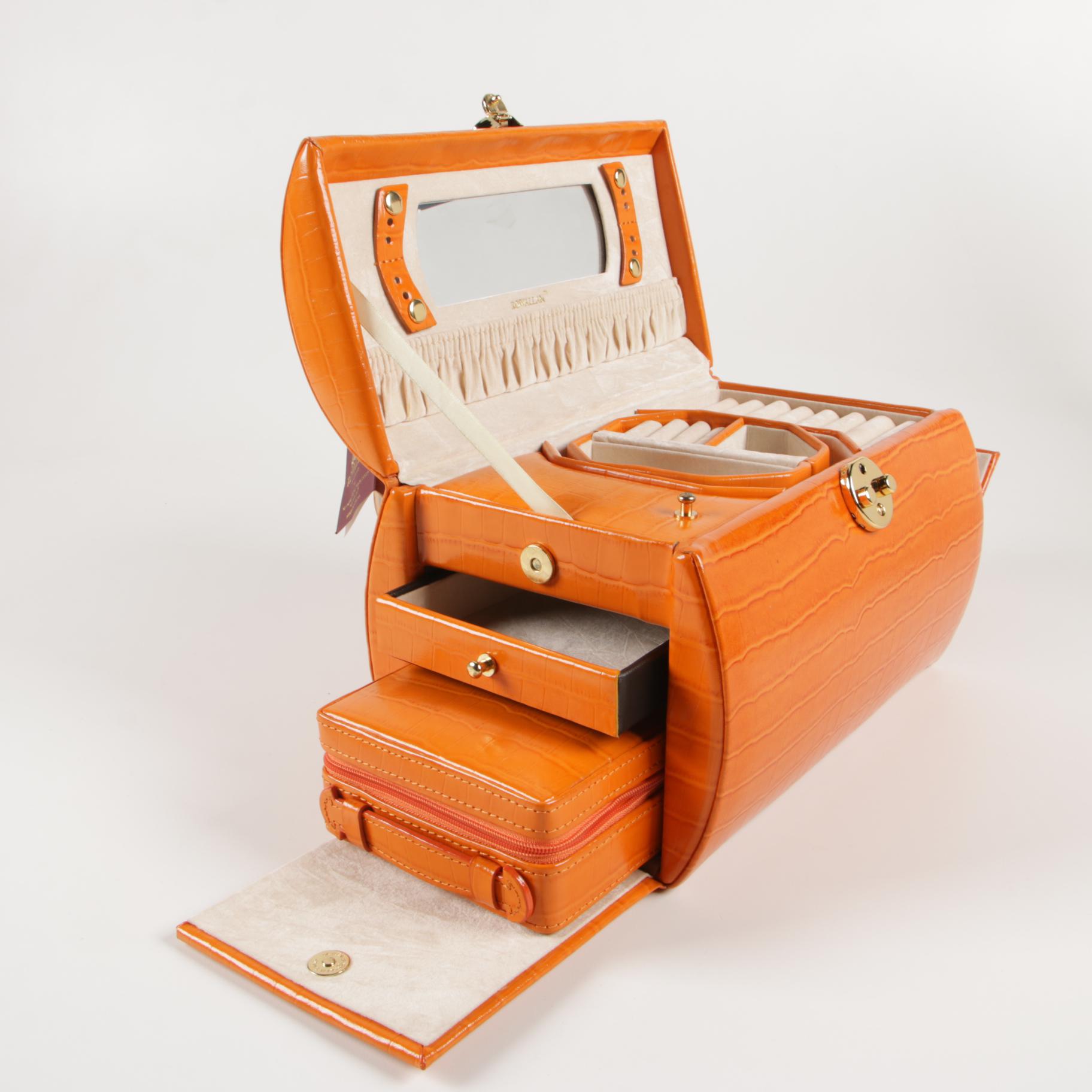 Rowallan Travel Jewelry Case in Croc-Embossed Orange Leather with Box