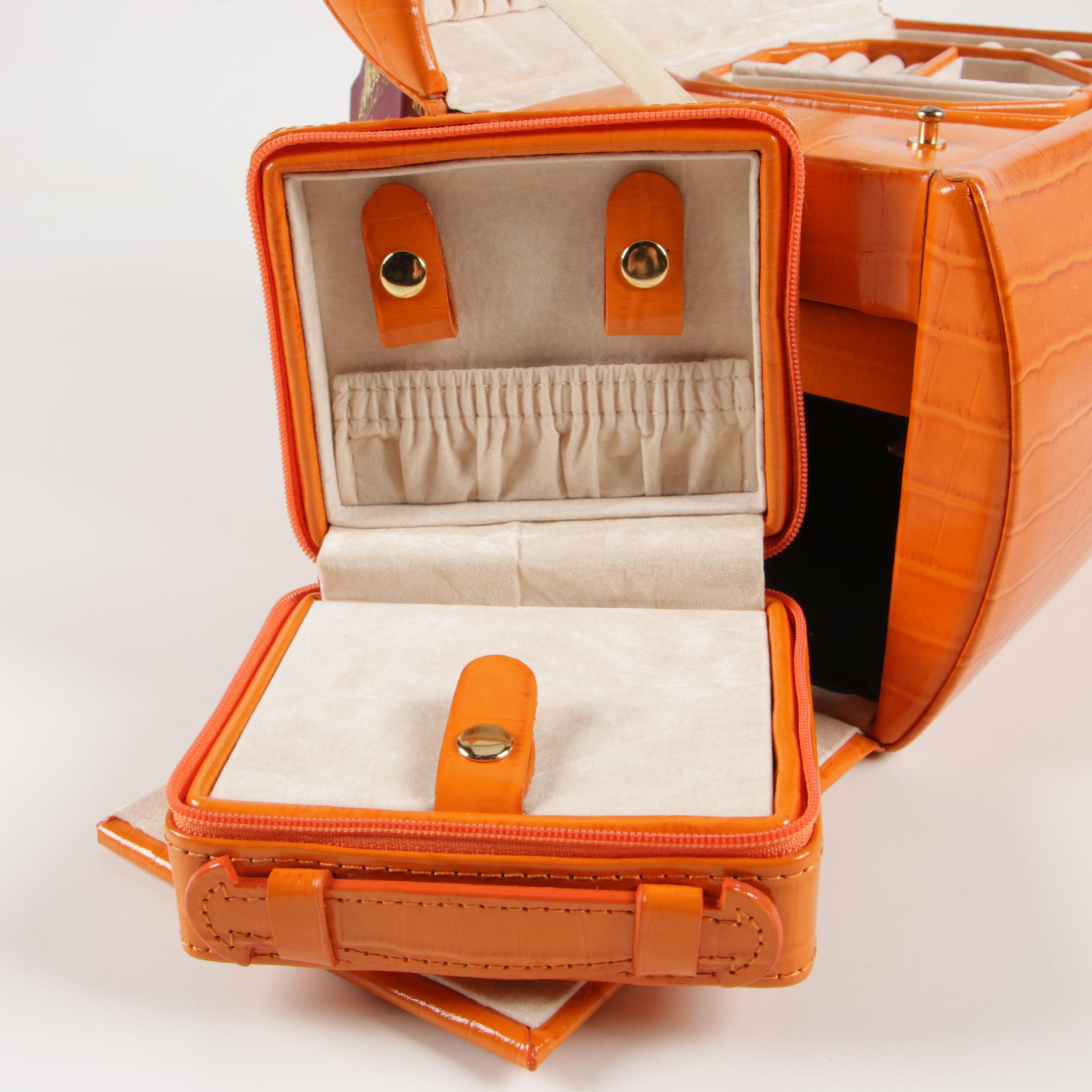 Rowallan Travel Jewelry Case in Croc-Embossed Orange Leather with Box