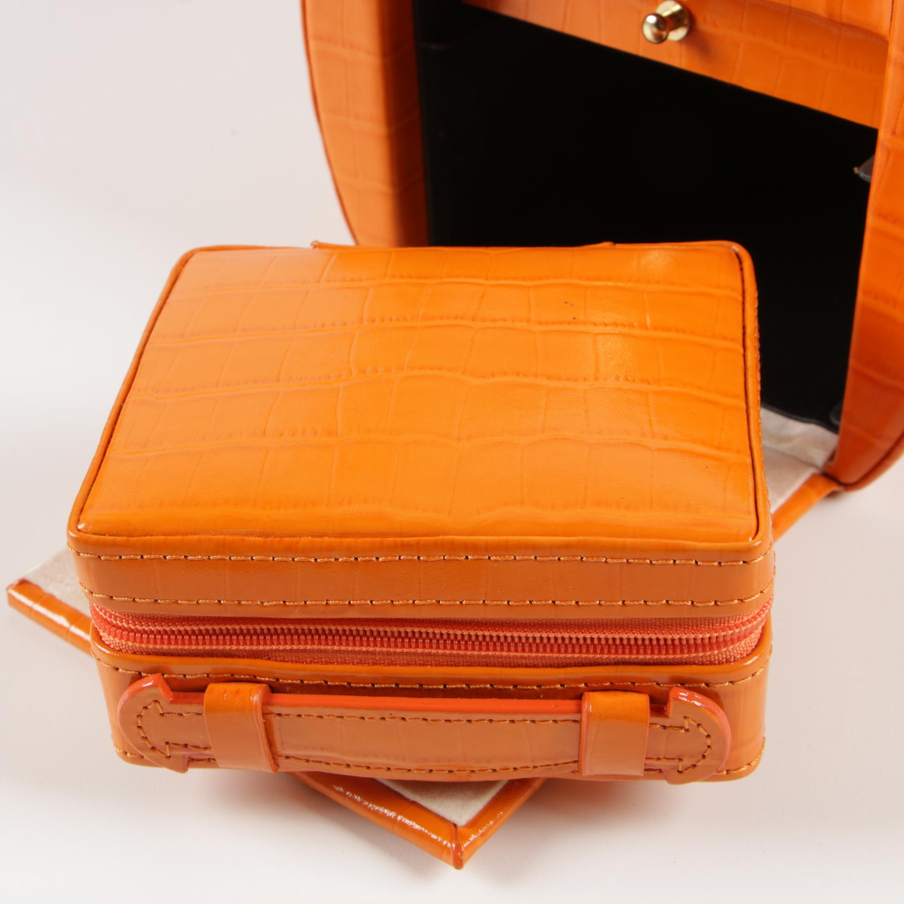Rowallan Travel Jewelry Case in Croc-Embossed Orange Leather with Box