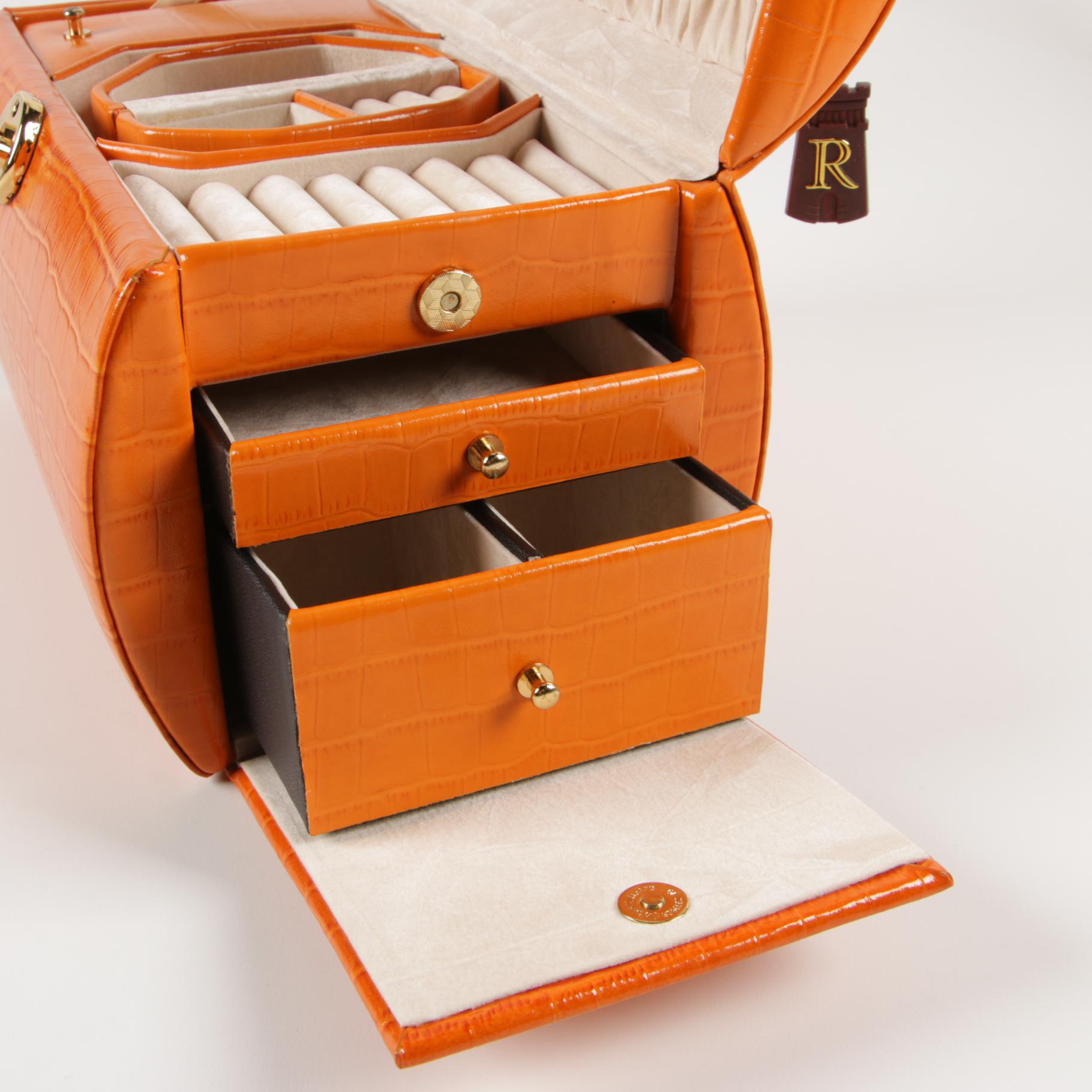 Rowallan Travel Jewelry Case in Croc-Embossed Orange Leather with Box