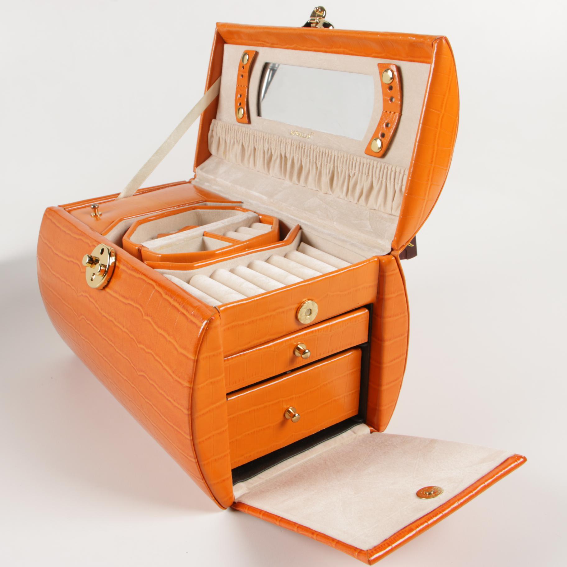 Rowallan Travel Jewelry Case in Croc-Embossed Orange Leather with Box
