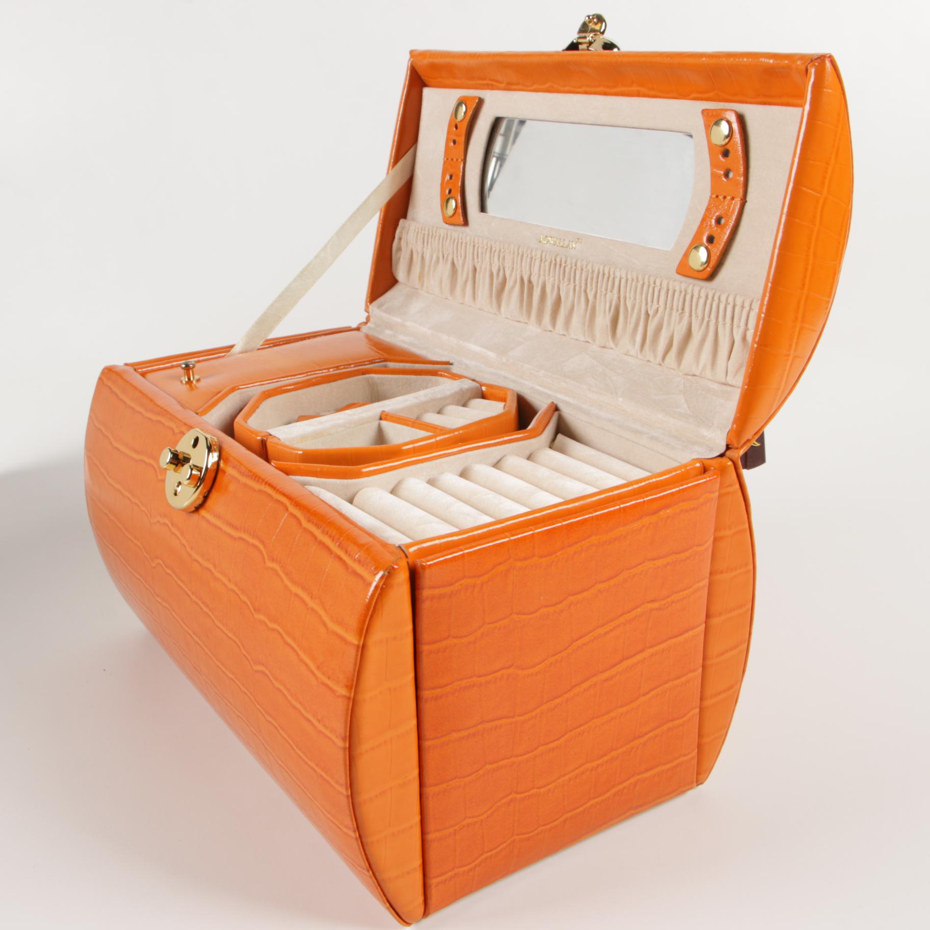 Rowallan Travel Jewelry Case in Croc-Embossed Orange Leather with Box