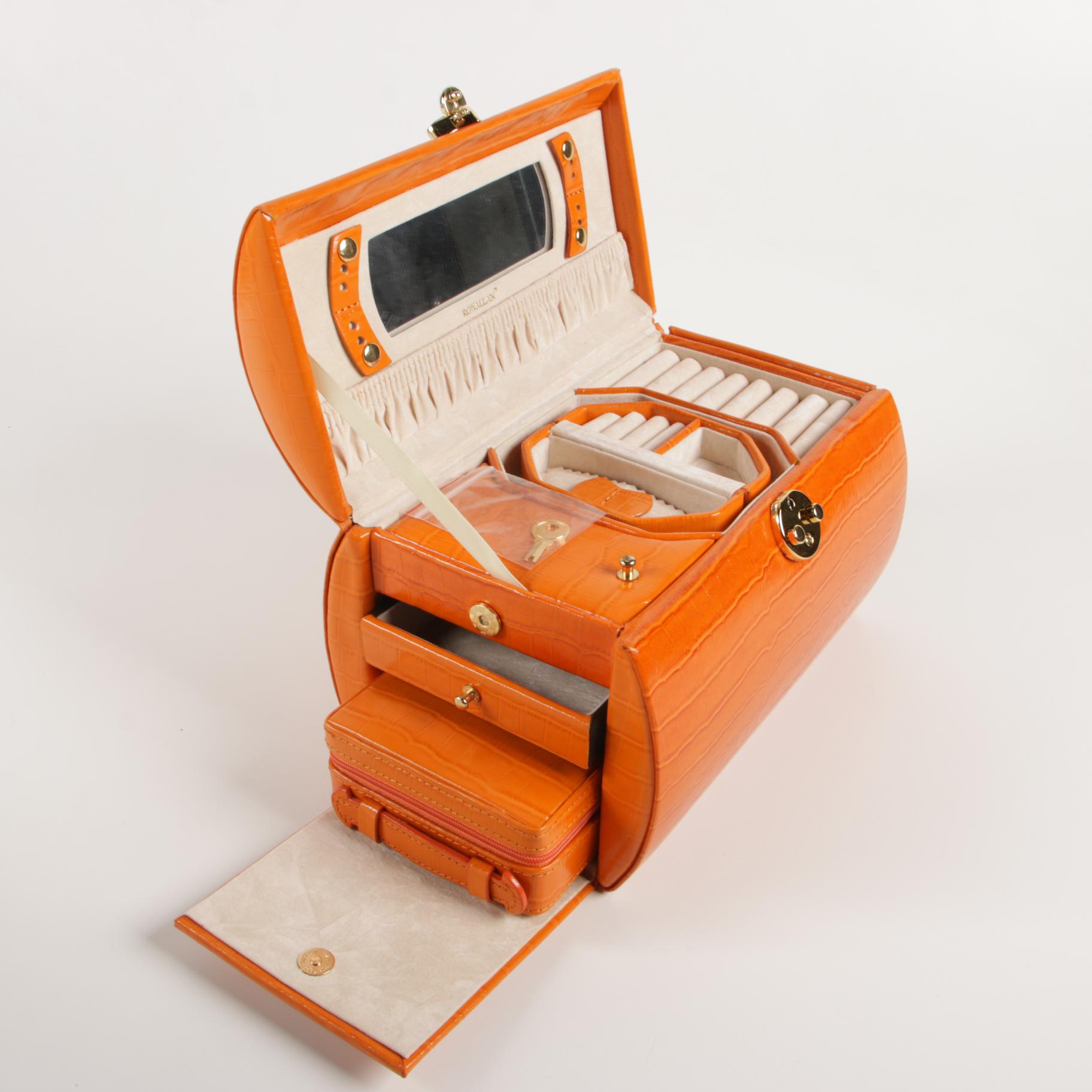 Rowallan Travel Jewelry Case in Croc-Embossed Orange Leather with Box