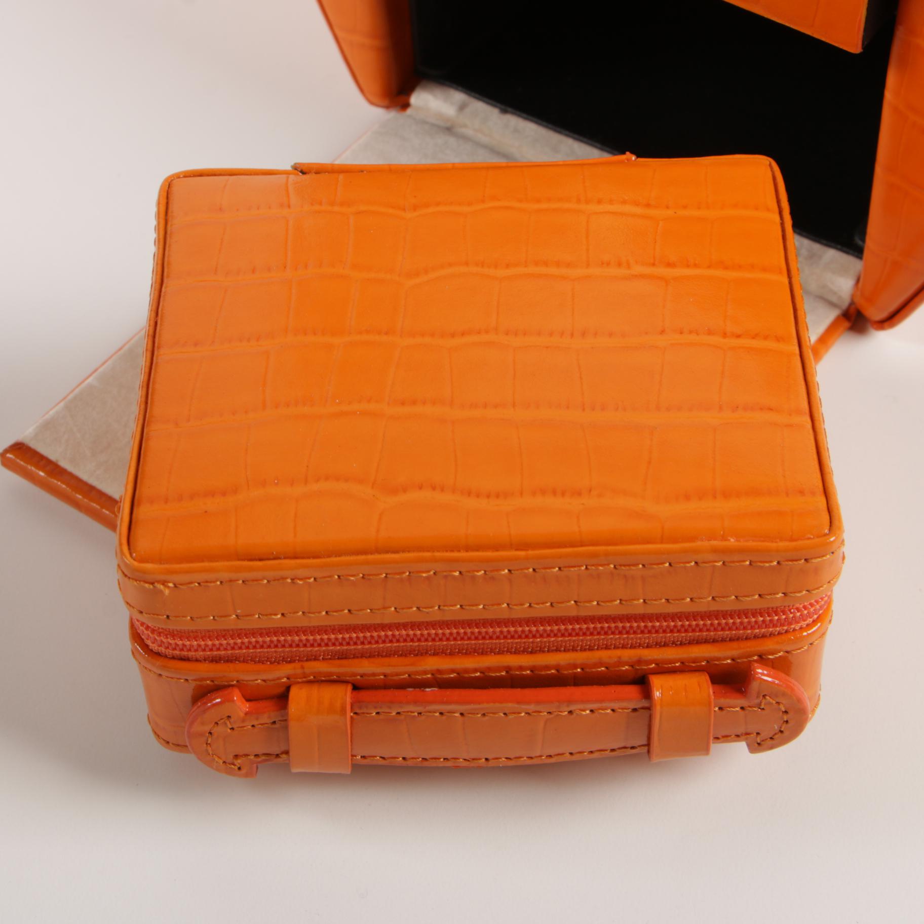 Rowallan Travel Jewelry Case in Croc-Embossed Orange Leather with Box
