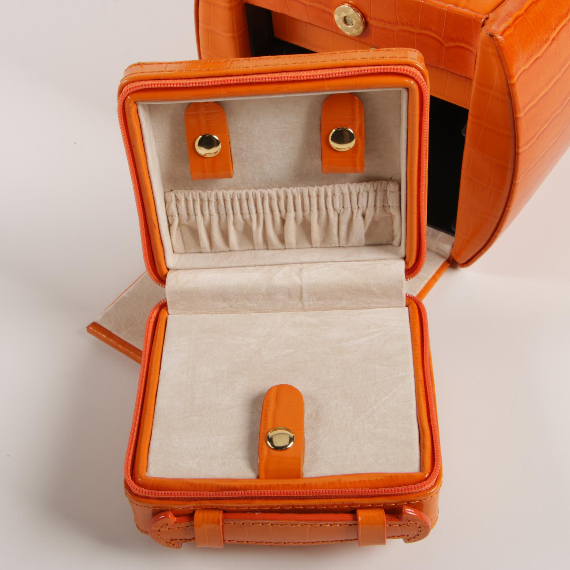 Rowallan Travel Jewelry Case in Croc-Embossed Orange Leather with Box