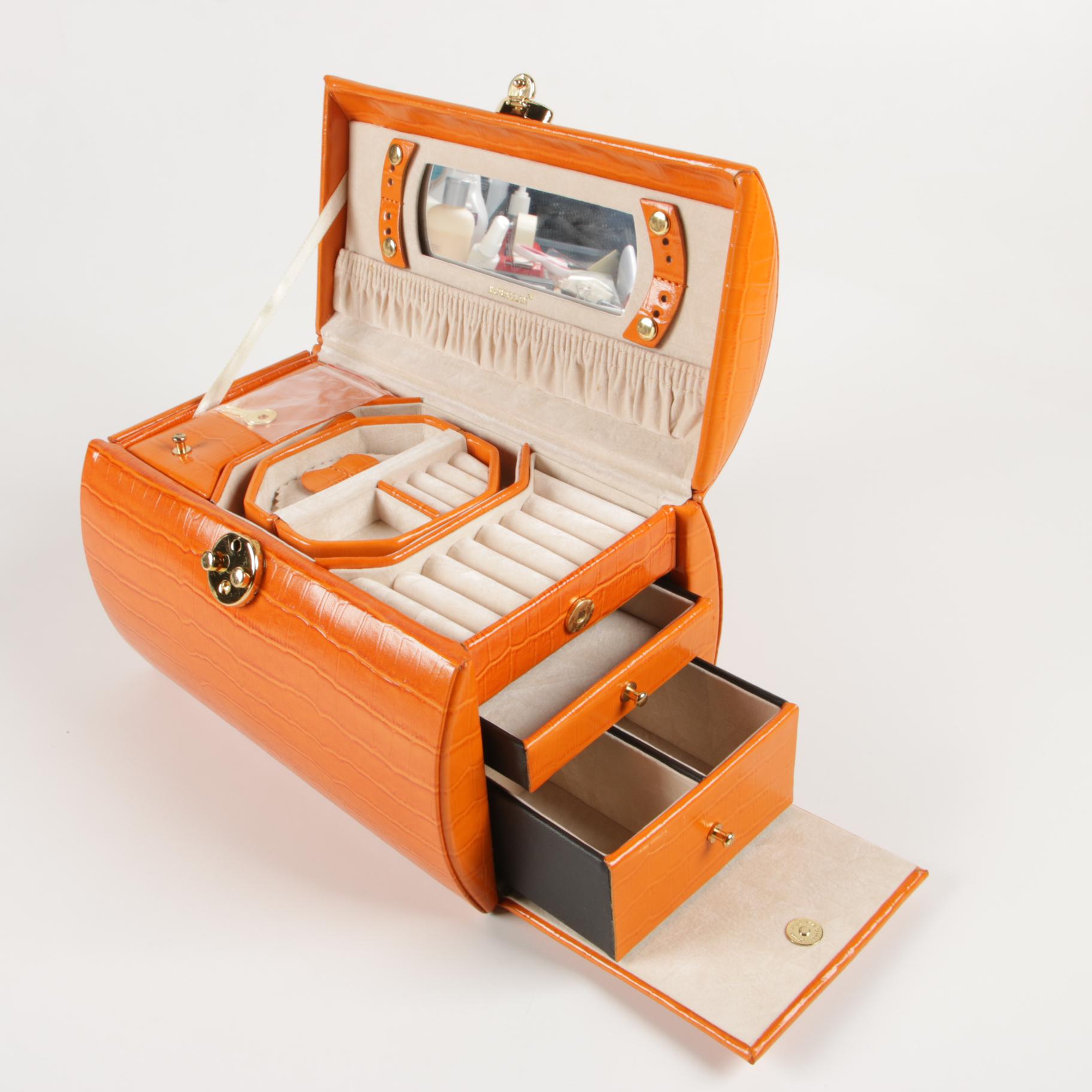 Rowallan Travel Jewelry Case in Croc-Embossed Orange Leather with Box