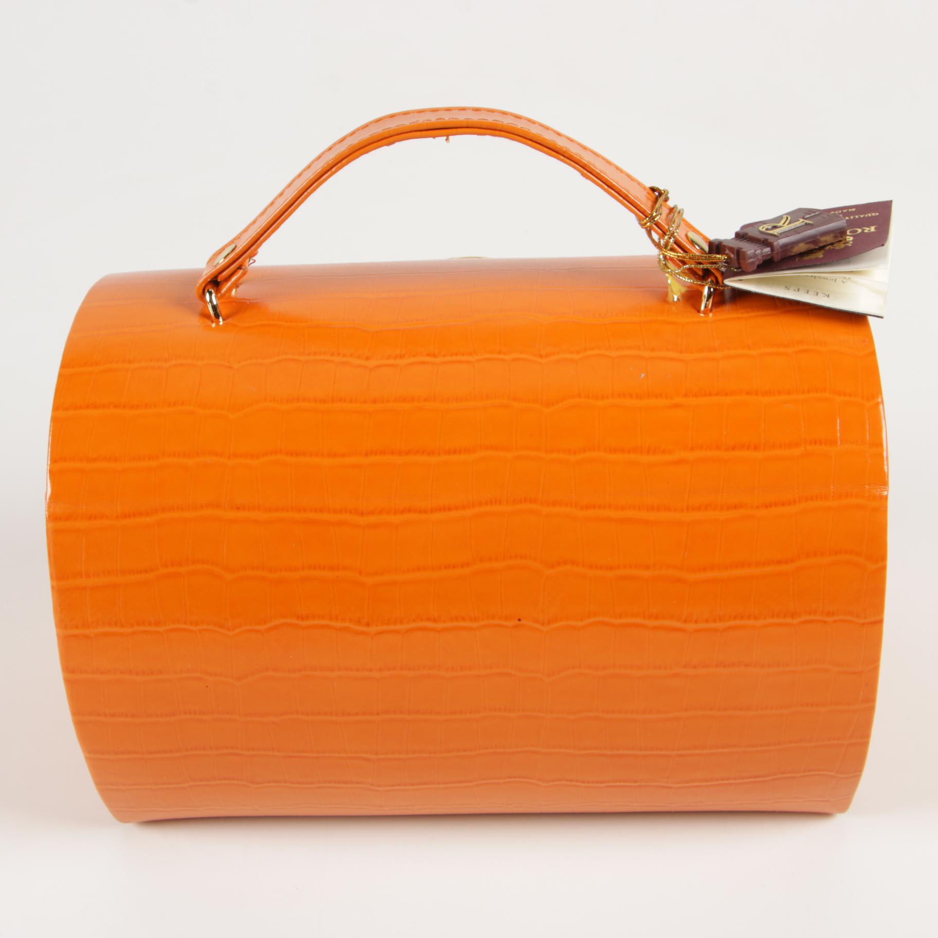 Rowallan Travel Jewelry Case in Croc-Embossed Orange Leather with Box