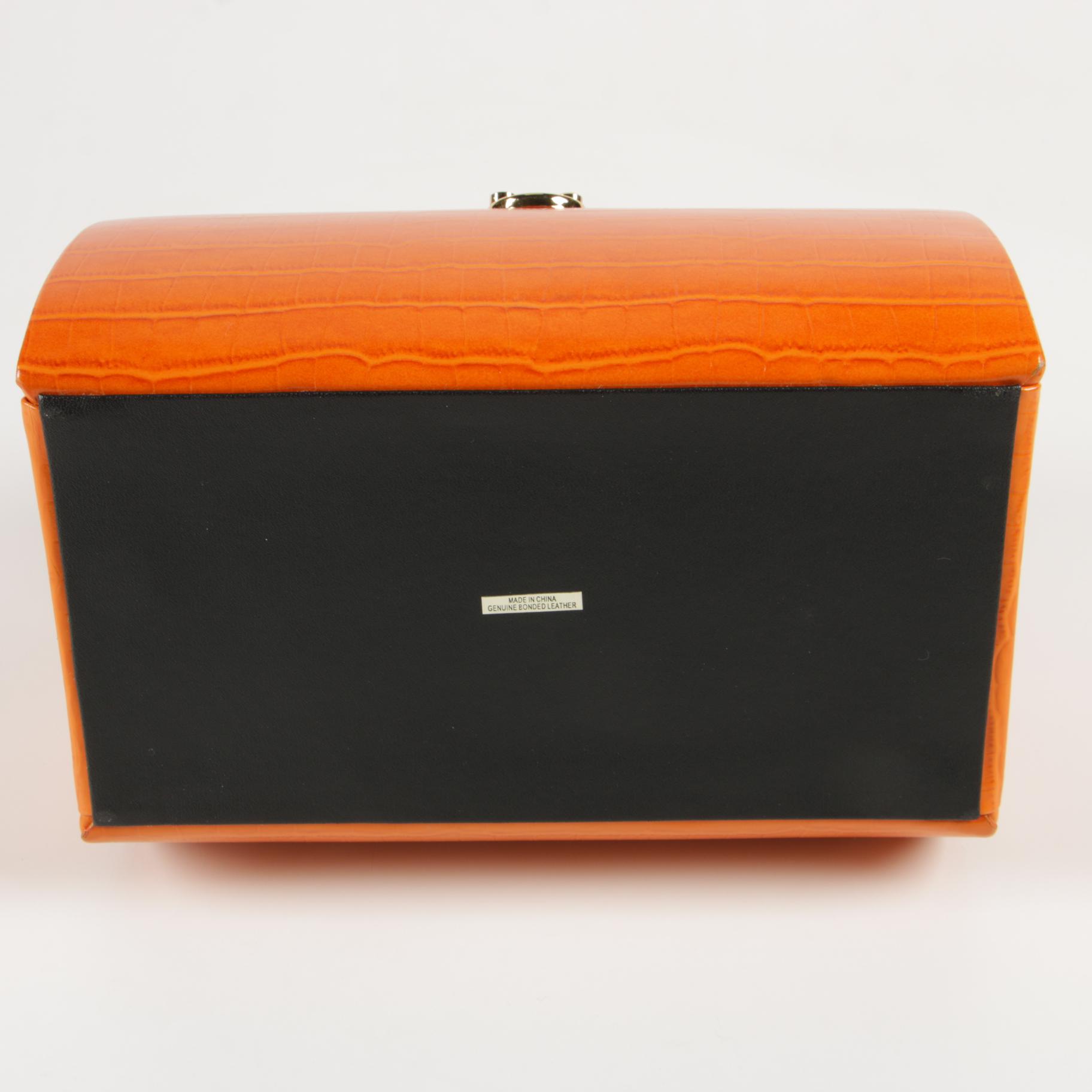 Rowallan Travel Jewelry Case in Croc-Embossed Orange Leather with Box
