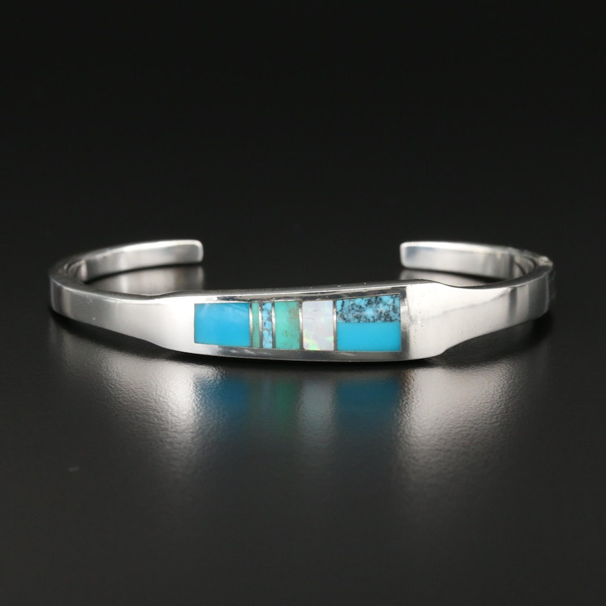 Southwestern Sterling Silver Turquoise and Opal Inlay Mosaic Cuff Bracelet